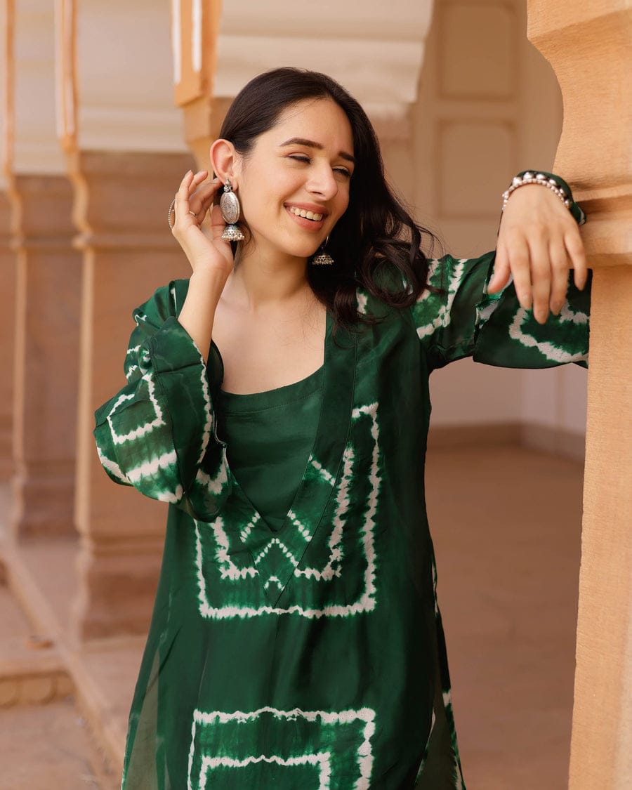 Bottle Green Tie-Dye Prosen Print Kurti Pant Set in Rayon Fabric