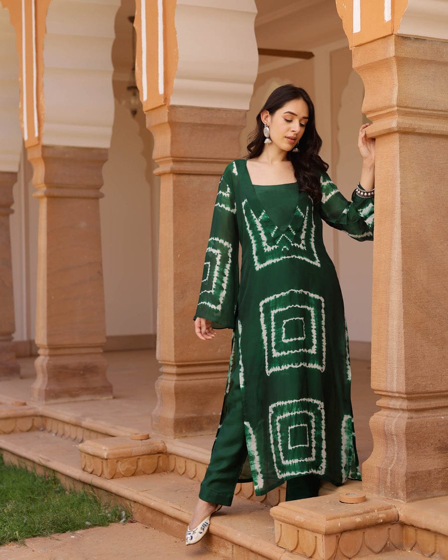 Bottle Green Tie-Dye Prosen Print Kurti Pant Set in Rayon Fabric