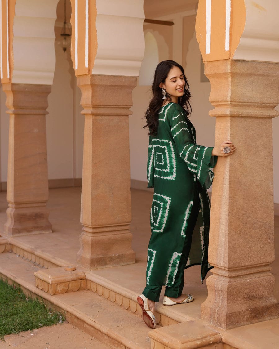 Bottle Green Tie-Dye Prosen Print Kurti Pant Set in Rayon Fabric
