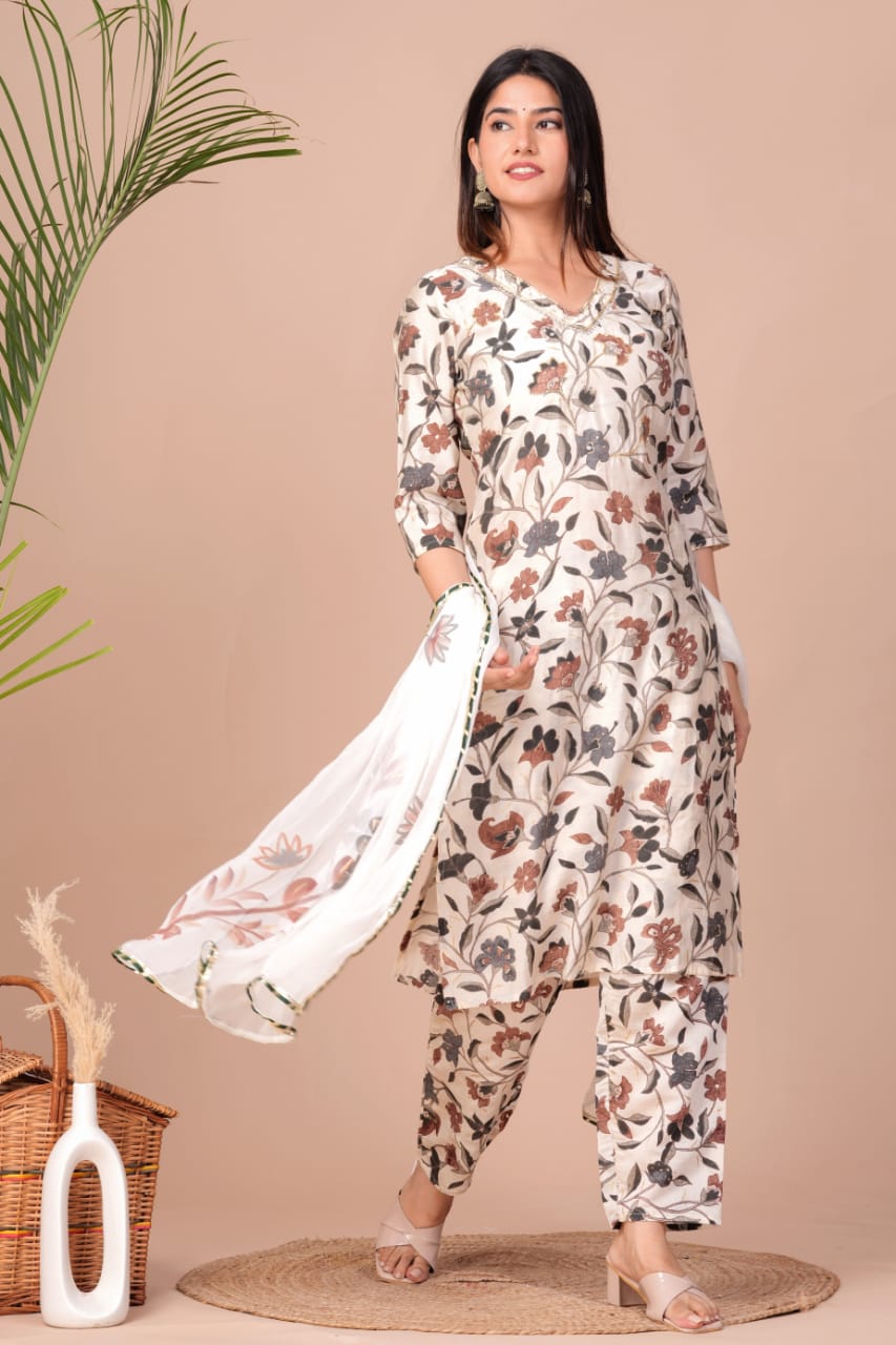 Muslin Digital Foil Printed Kurti with Sitara Neck Work, Pant, and Brush-Printed Chiffon Dupatta Set