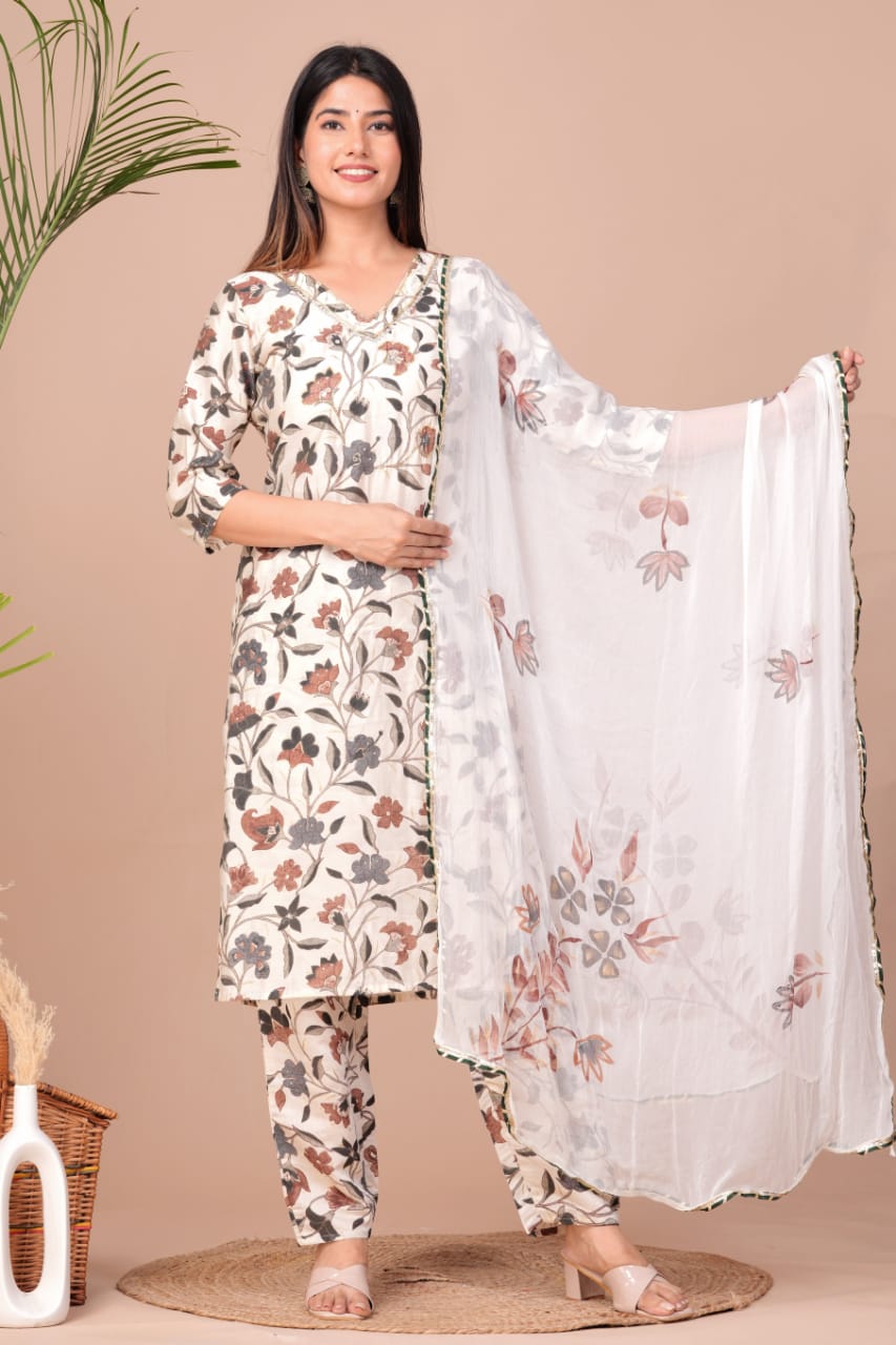 Muslin Digital Foil Printed Kurti with Sitara Neck Work, Pant, and Brush-Printed Chiffon Dupatta Set