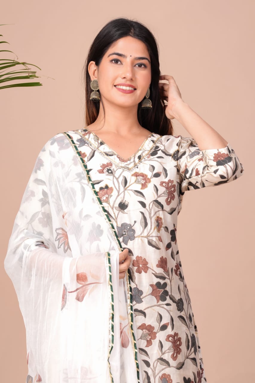 Muslin Digital Foil Printed Kurti with Sitara Neck Work, Pant, and Brush-Printed Chiffon Dupatta Set