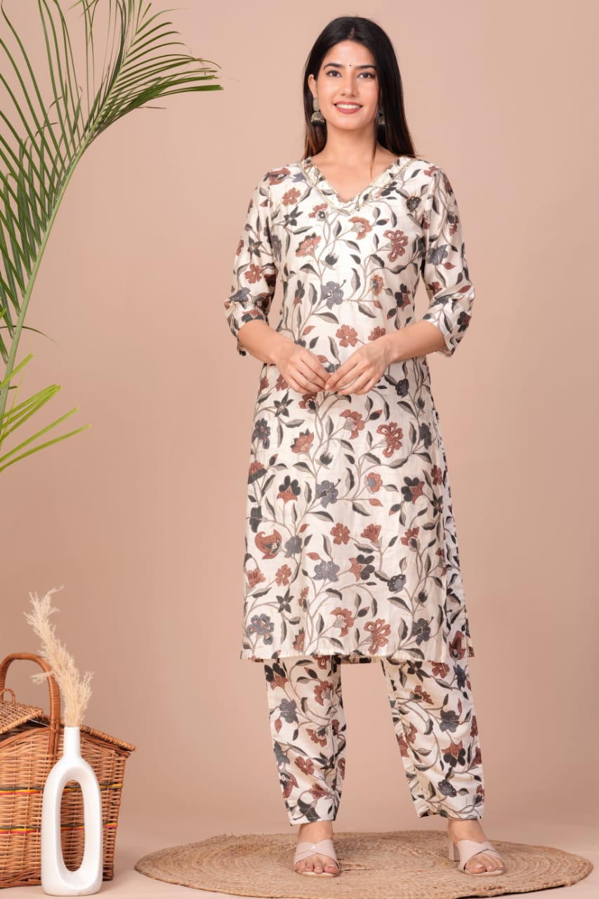 Muslin Digital Foil Printed Kurti with Sitara Neck Work, Pant, and Brush-Printed Chiffon Dupatta Set