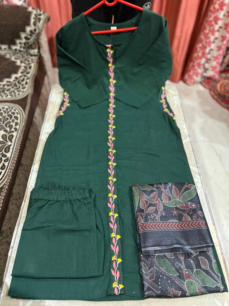 Handloom Cotton A-line Suit Set with Dupatta