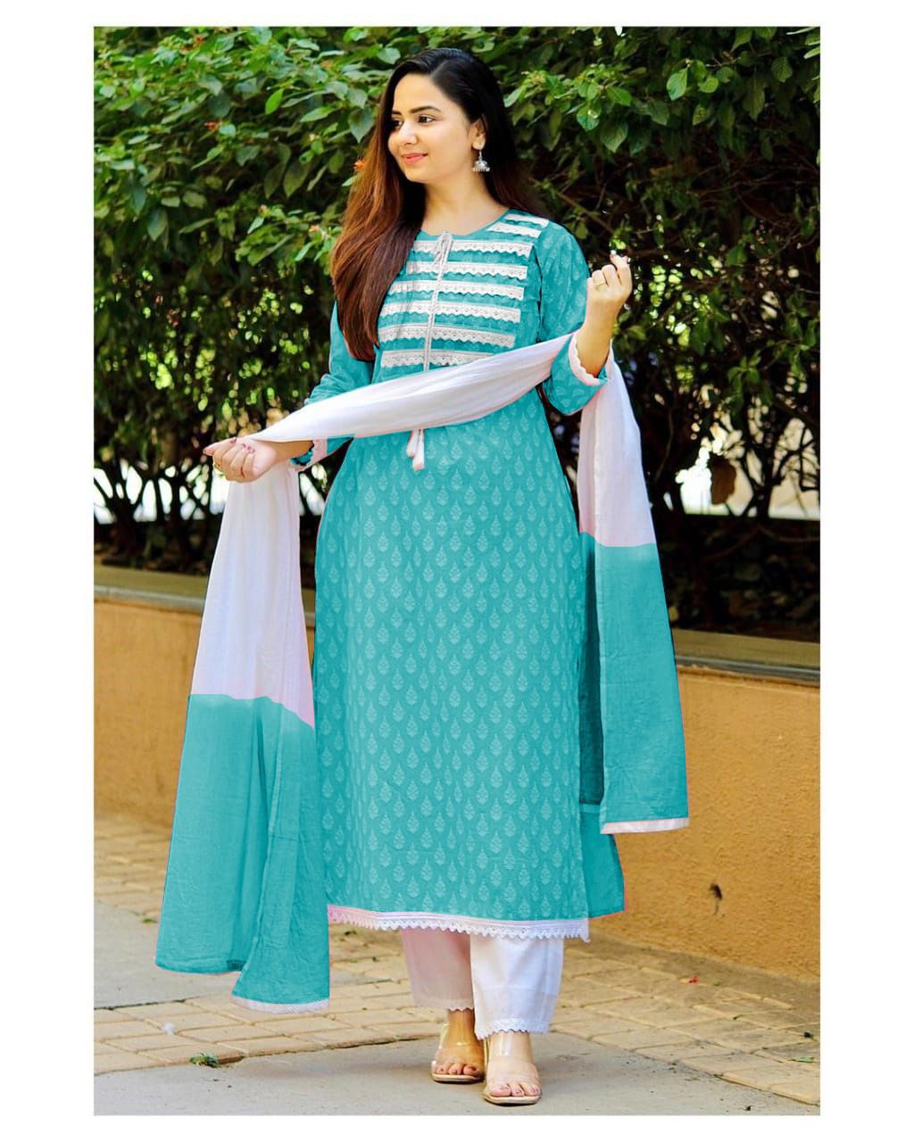 Rayon Print and Lace Work Kurti Set with Pant and Dupatta