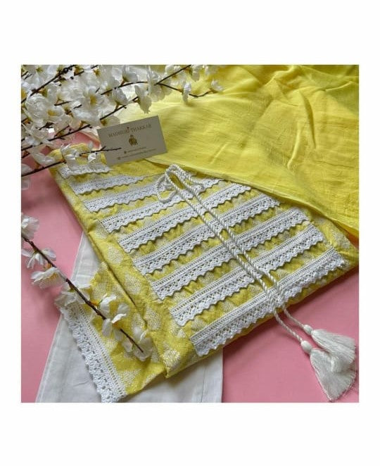 Rayon Print and Lace Work Kurti Set with Pant and Dupatta
