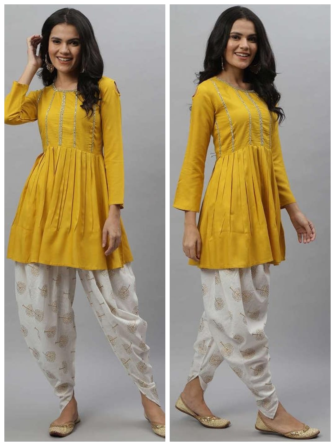 Lacework Cut Shoulder Top and Printed Dhoti Set in Rayon
