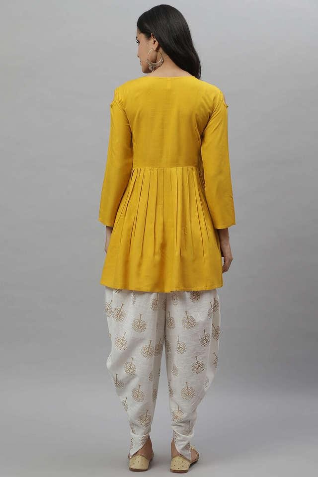 Lacework Cut Shoulder Top and Printed Dhoti Set in Rayon
