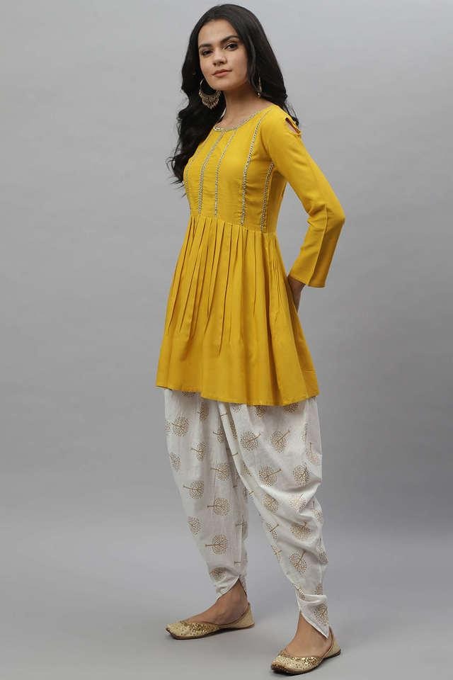 Lacework Cut Shoulder Top and Printed Dhoti Set in Rayon