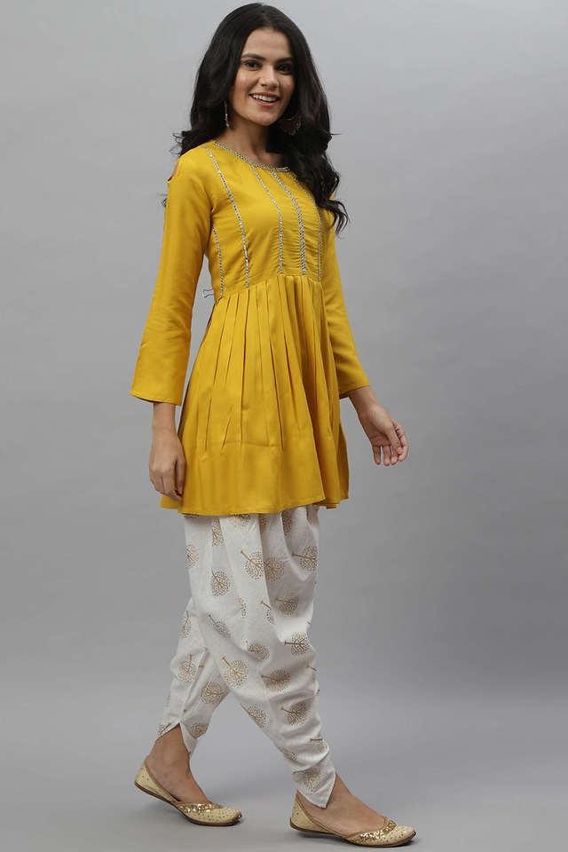 Lacework Cut Shoulder Top and Printed Dhoti Set in Rayon