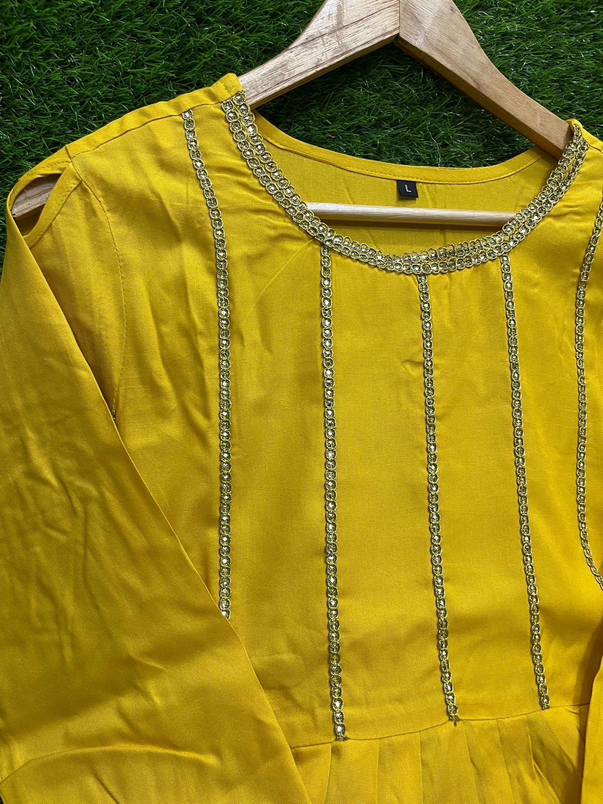 Lacework Cut Shoulder Top and Printed Dhoti Set in Rayon