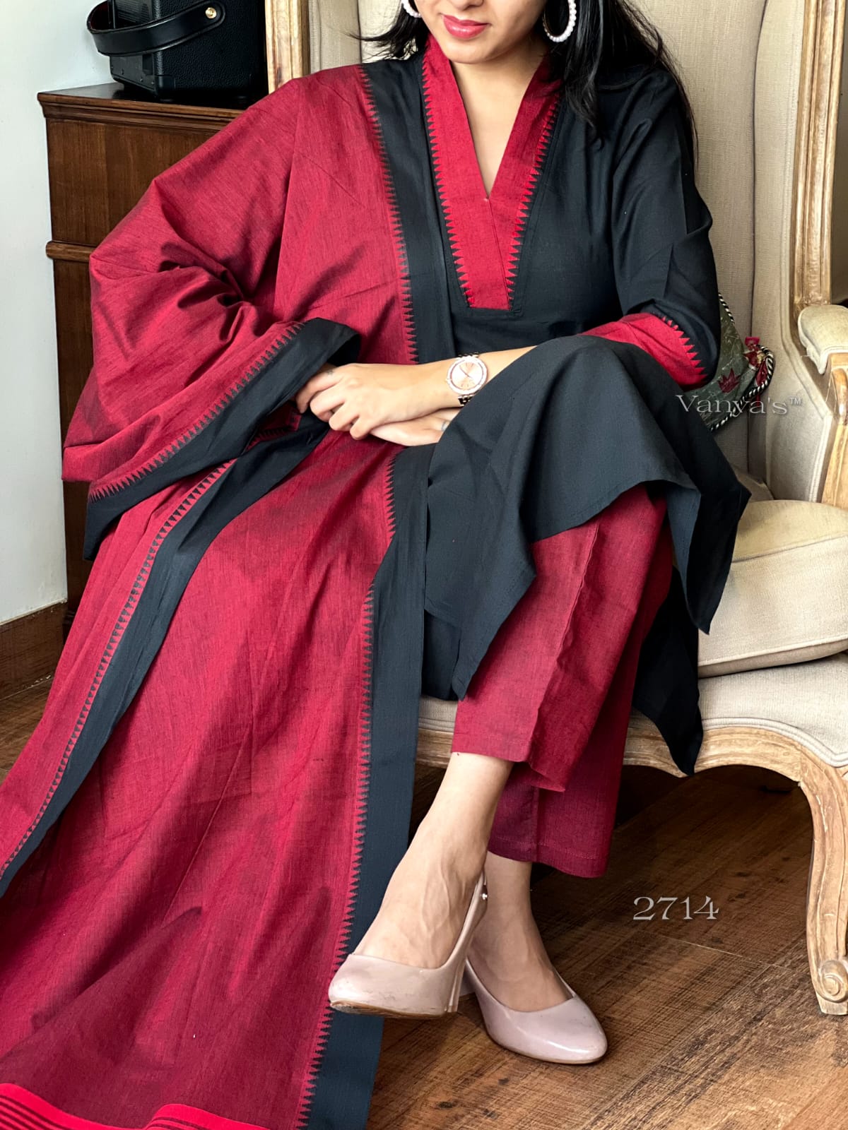 Temple Border Handloom South Cotton Kurta, Pant, and Dupatta Set