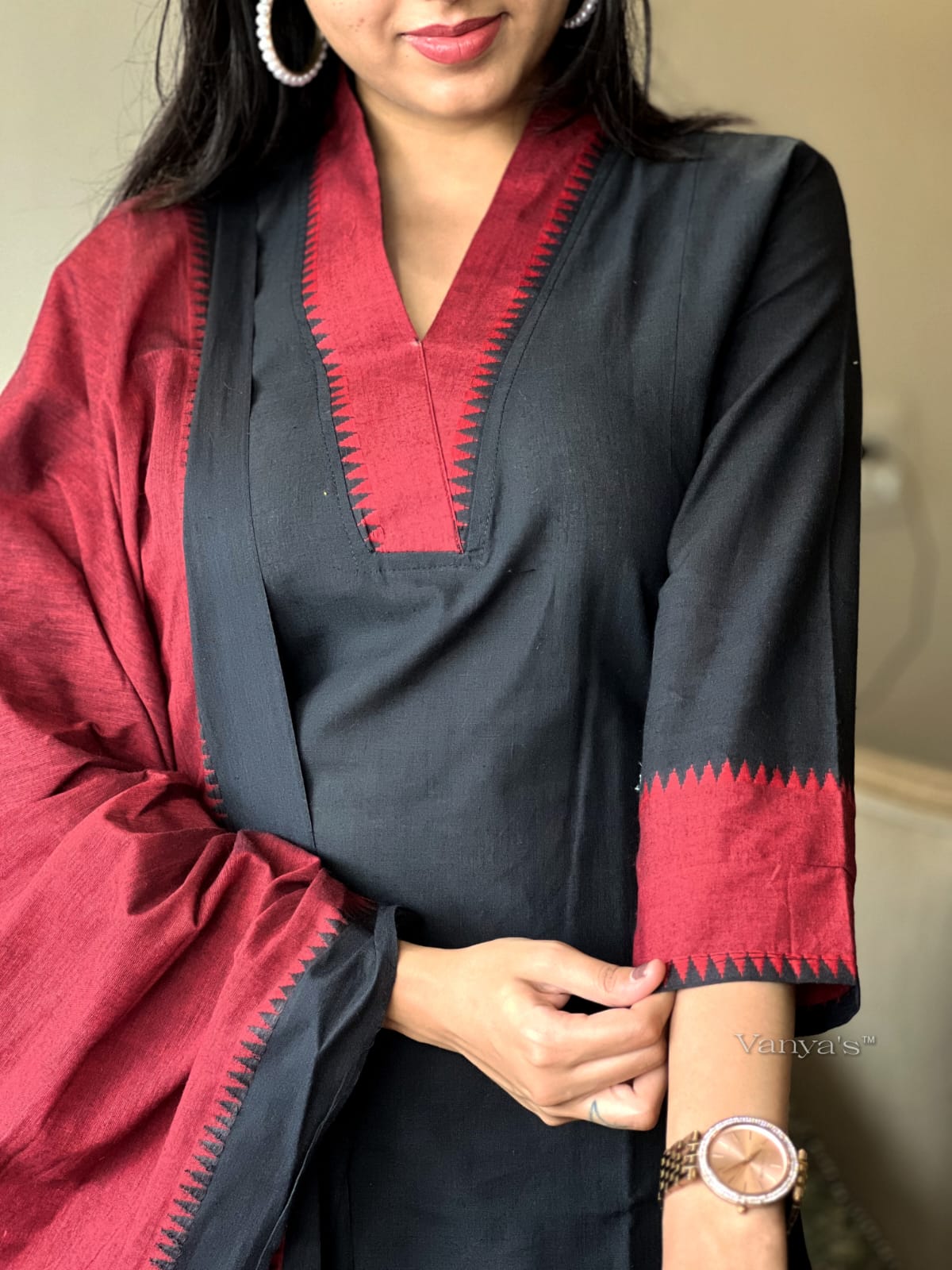Temple Border Handloom South Cotton Kurta, Pant, and Dupatta Set