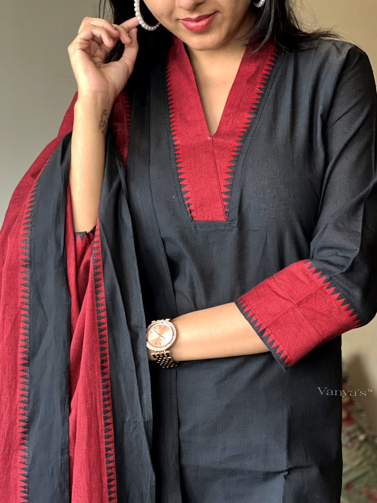 Temple Border Handloom South Cotton Kurta, Pant, and Dupatta Set