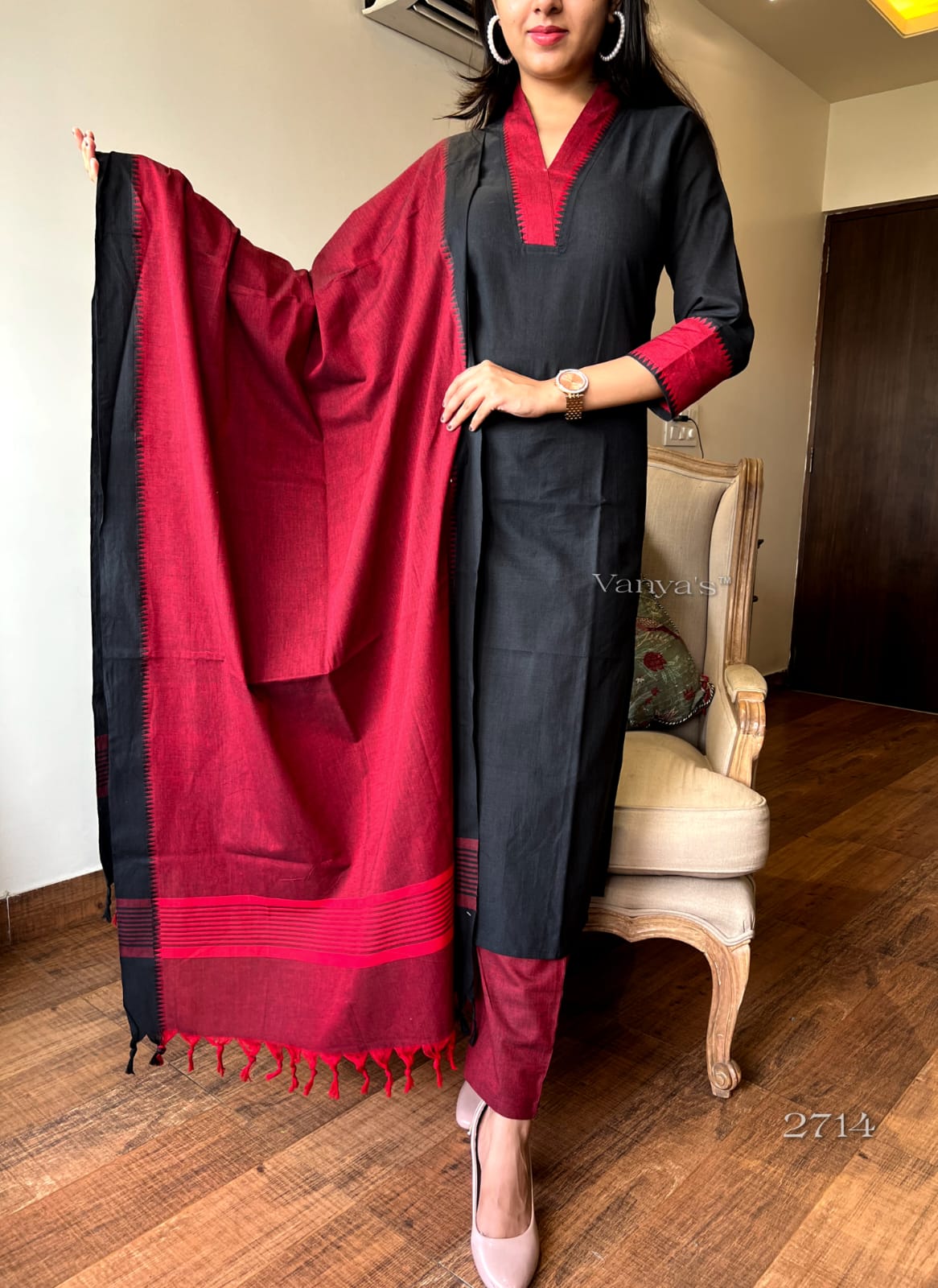 Temple Border Handloom South Cotton Kurta, Pant, and Dupatta Set