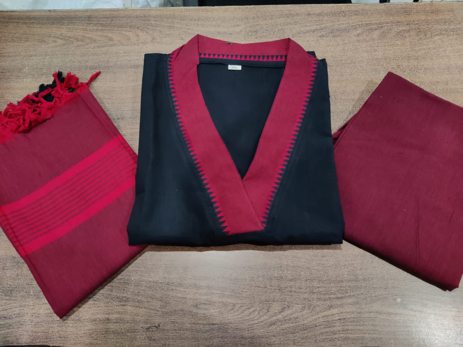 Temple Border Handloom South Cotton Kurta, Pant, and Dupatta Set