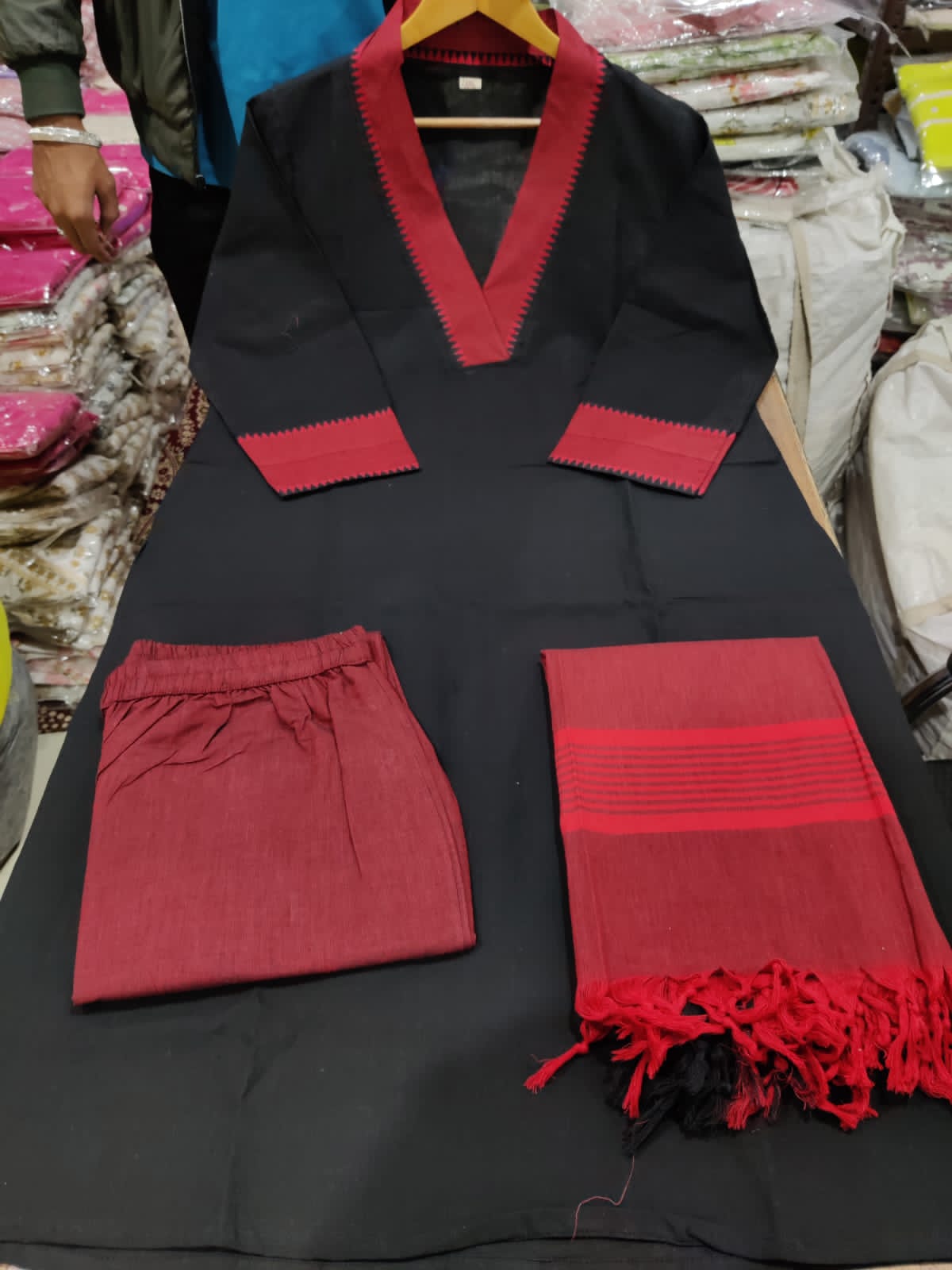Temple Border Handloom South Cotton Kurta, Pant, and Dupatta Set