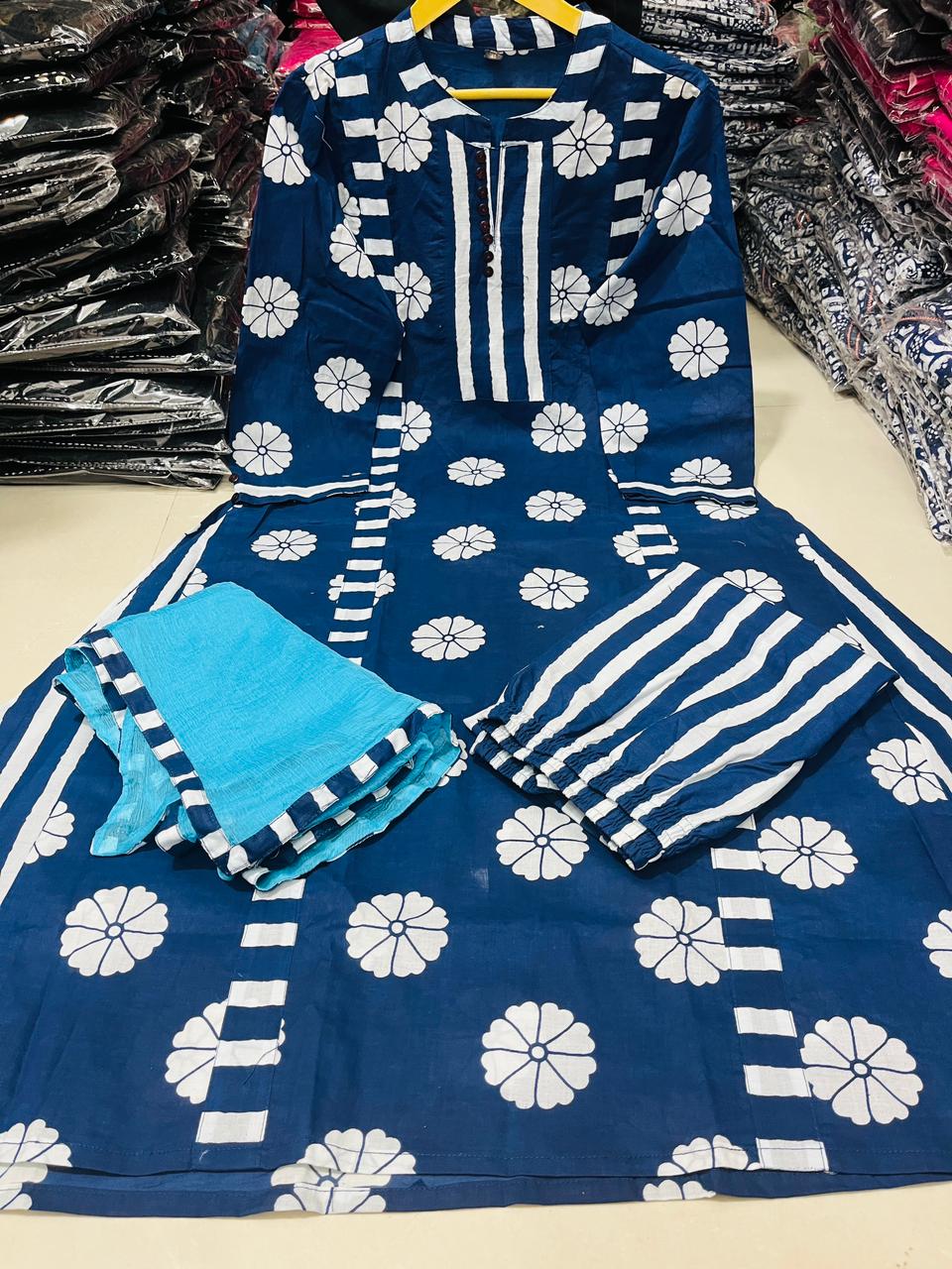 Cotton 3-Piece Ensemble with Button Work – Kurta, Pant, and Dupatta Set