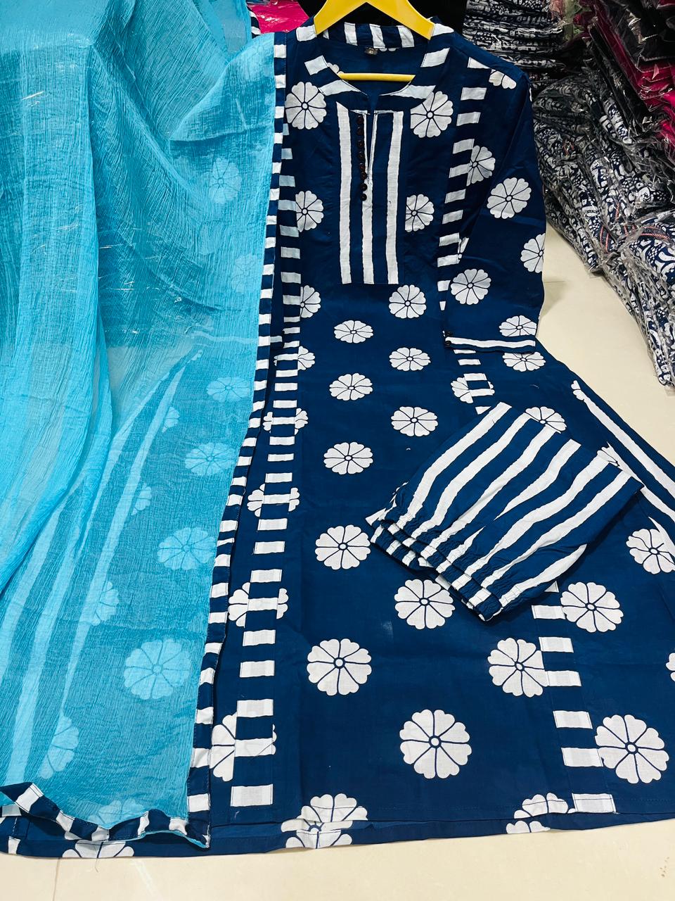 Cotton 3-Piece Ensemble with Button Work – Kurta, Pant, and Dupatta Set