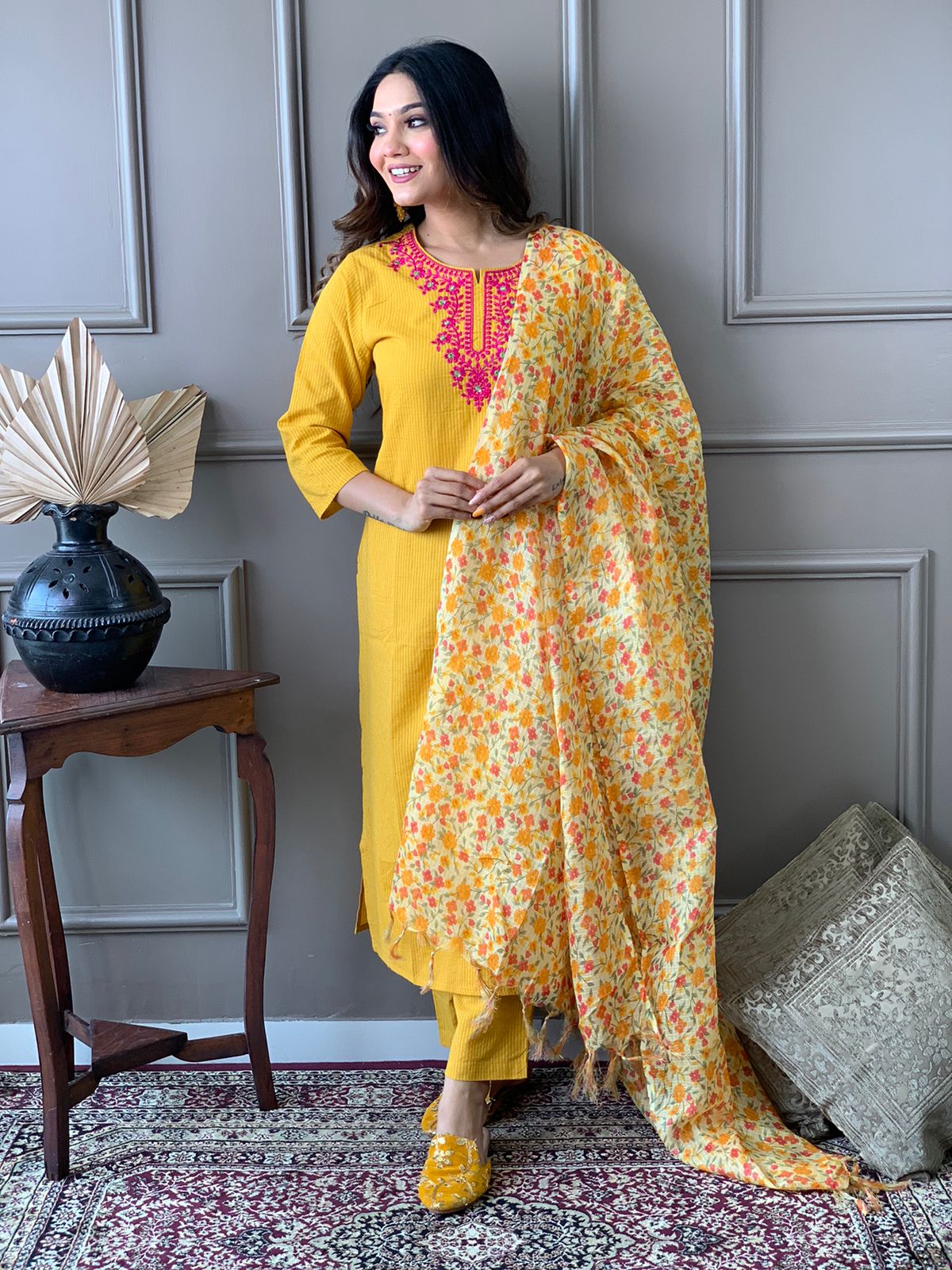 Kantha Suit Set with Cotton Kurta, Embroidery Work, and Flower Kota Silk Dupatta