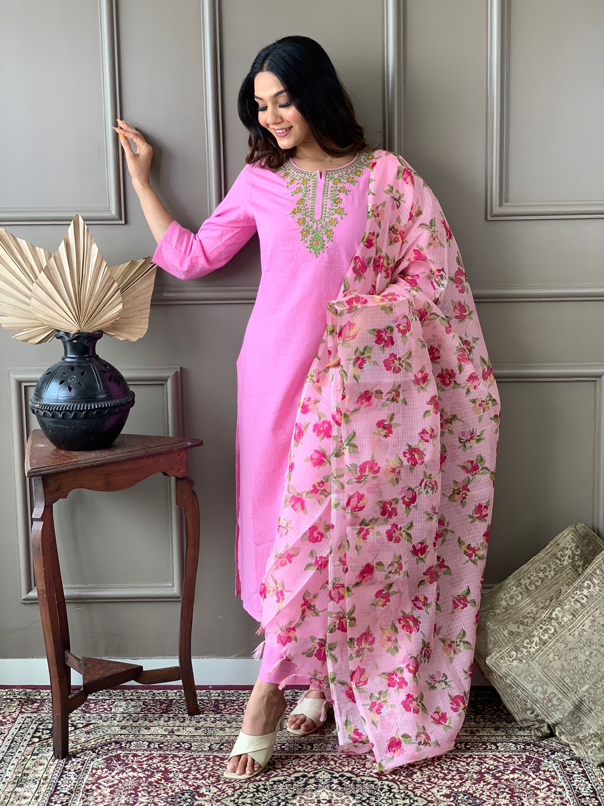 Kantha Suit Set with Cotton Kurta, Embroidery Work, and Flower Kota Silk Dupatta
