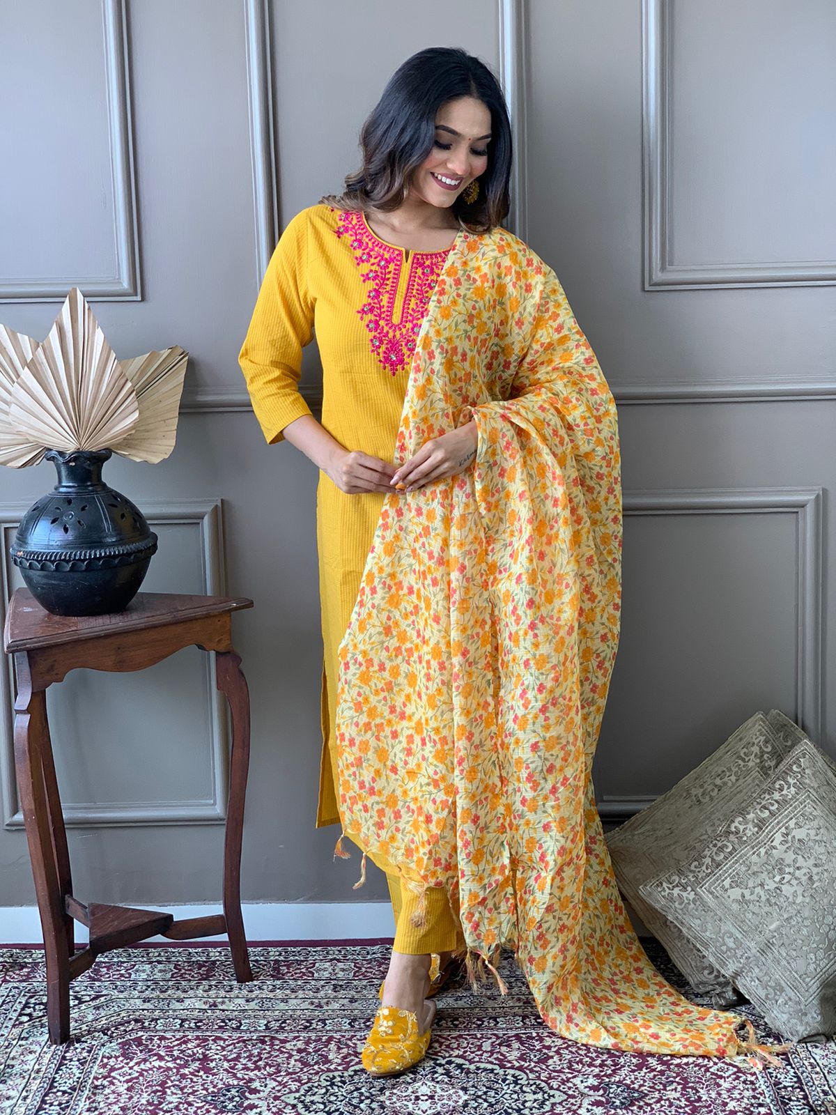 Kantha Suit Set with Cotton Kurta, Embroidery Work, and Flower Kota Silk Dupatta