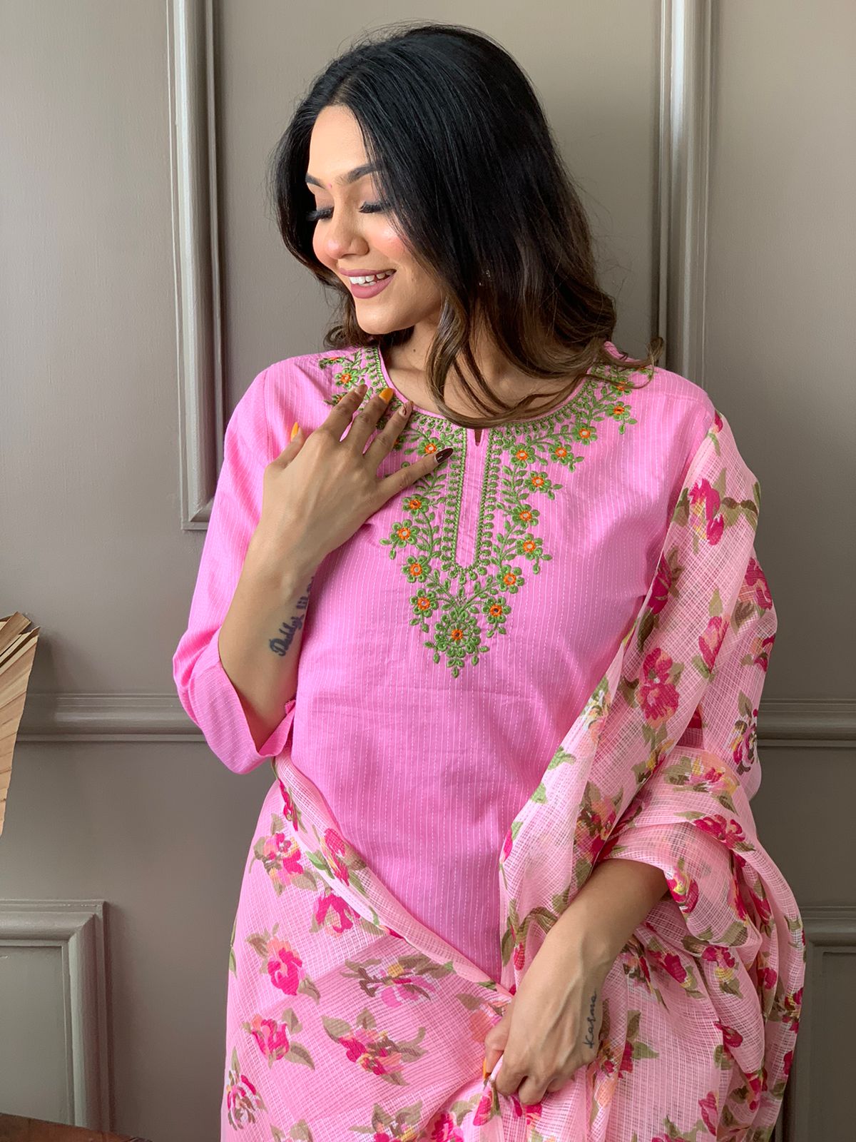 Kantha Suit Set with Cotton Kurta, Embroidery Work, and Flower Kota Silk Dupatta