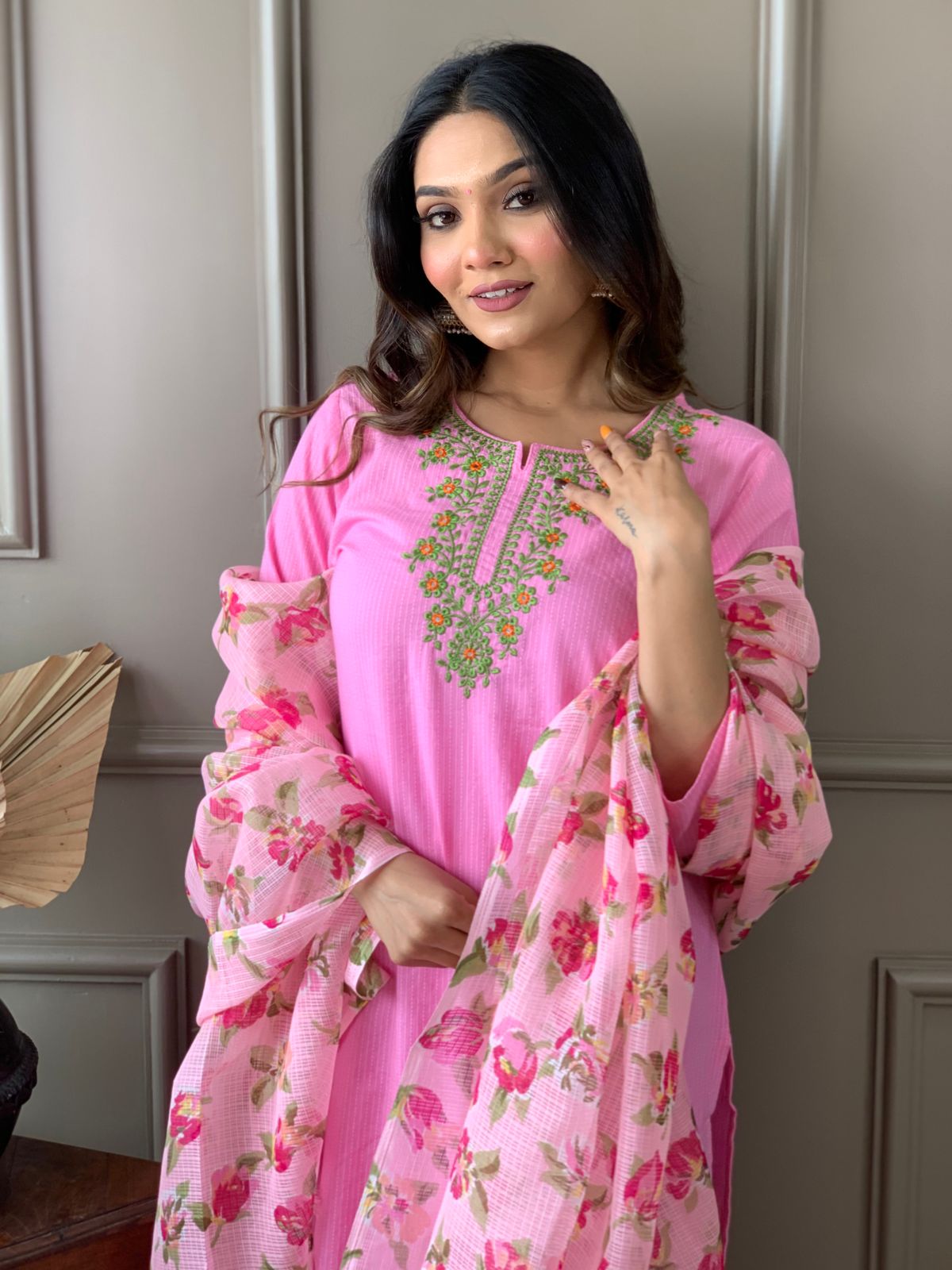 Kantha Suit Set with Cotton Kurta, Embroidery Work, and Flower Kota Silk Dupatta