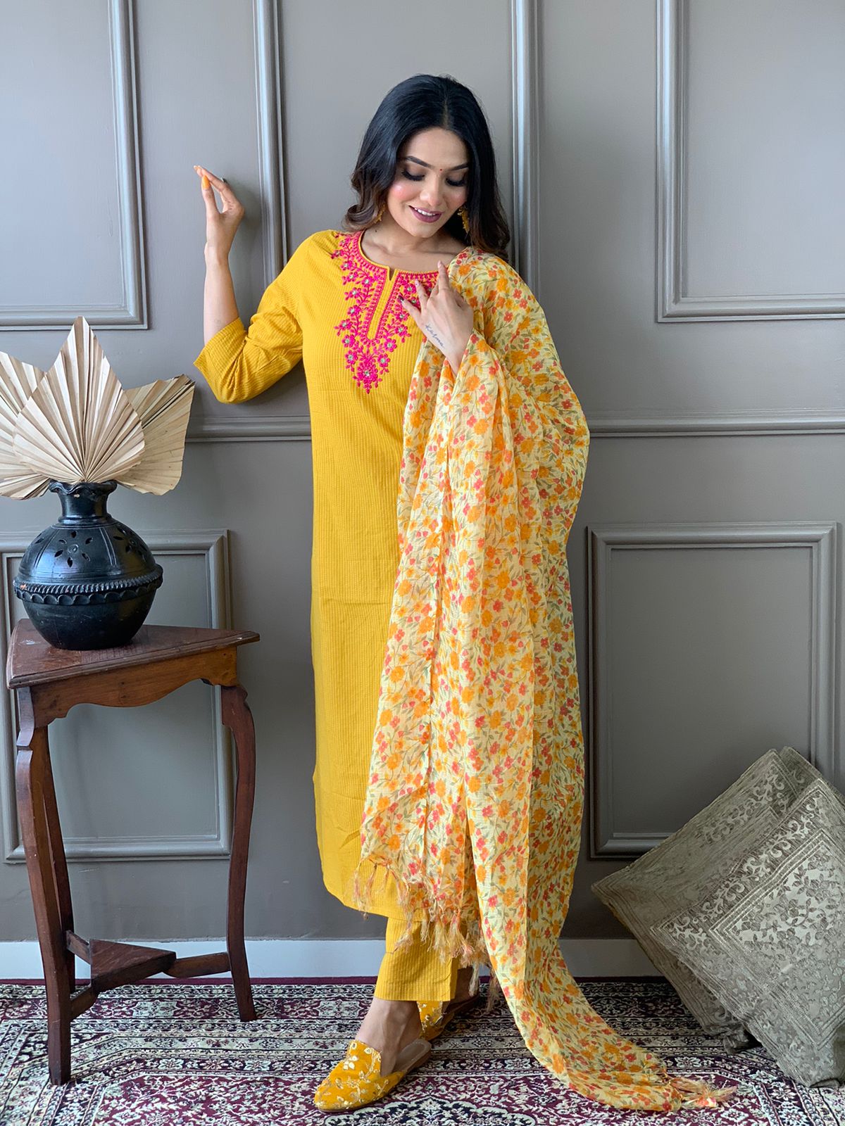 Kantha Suit Set with Cotton Kurta, Embroidery Work, and Flower Kota Silk Dupatta