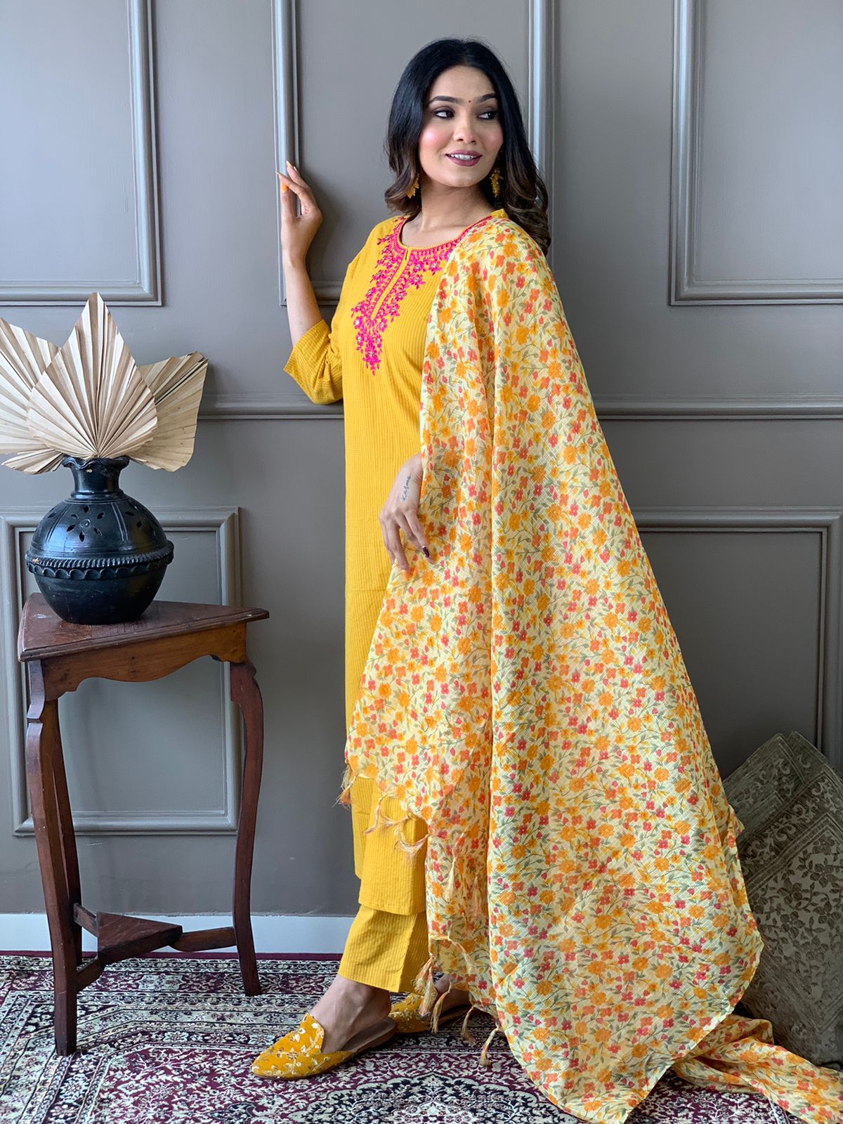 Kantha Suit Set with Cotton Kurta, Embroidery Work, and Flower Kota Silk Dupatta