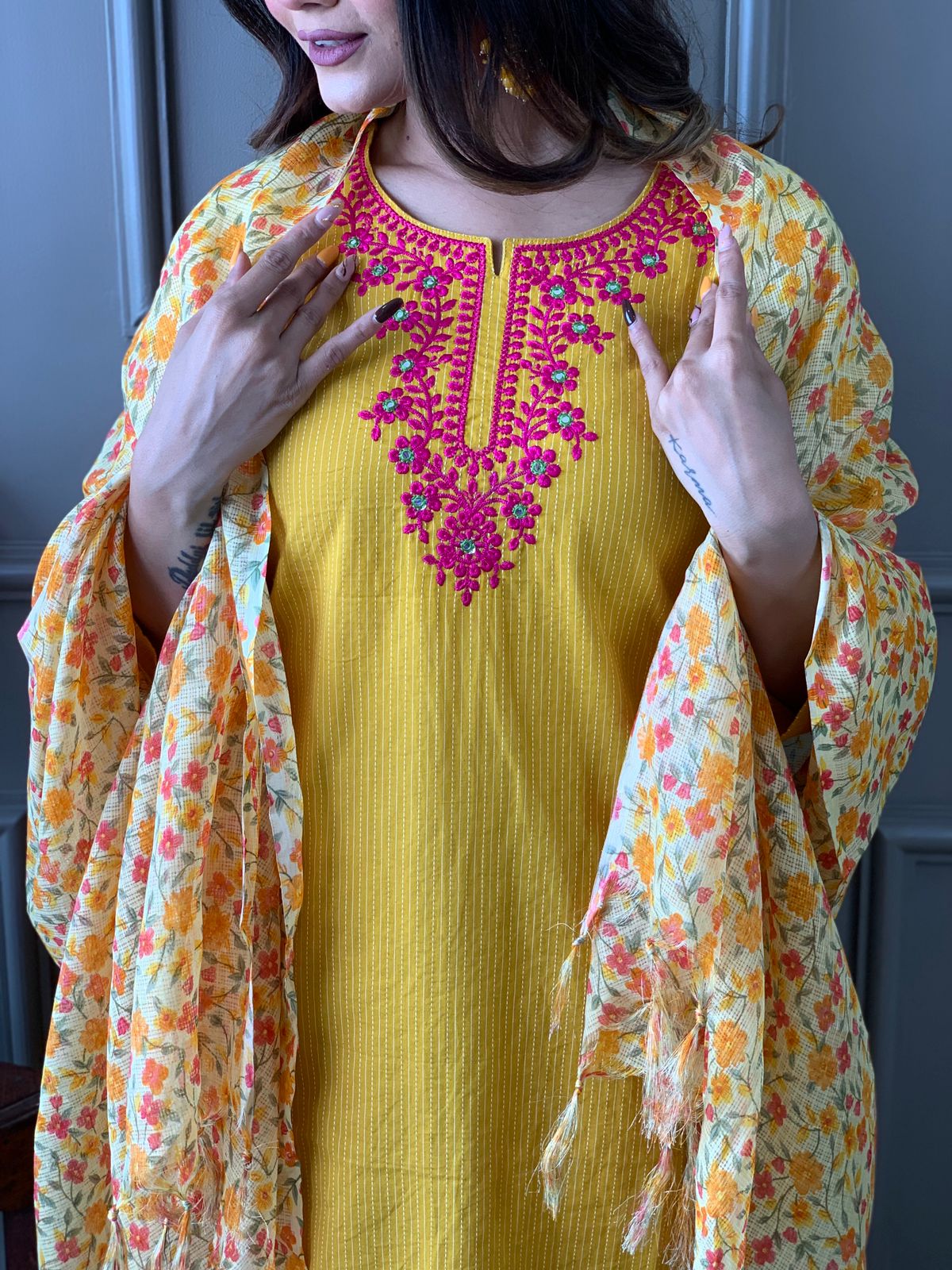 Kantha Suit Set with Cotton Kurta, Embroidery Work, and Flower Kota Silk Dupatta
