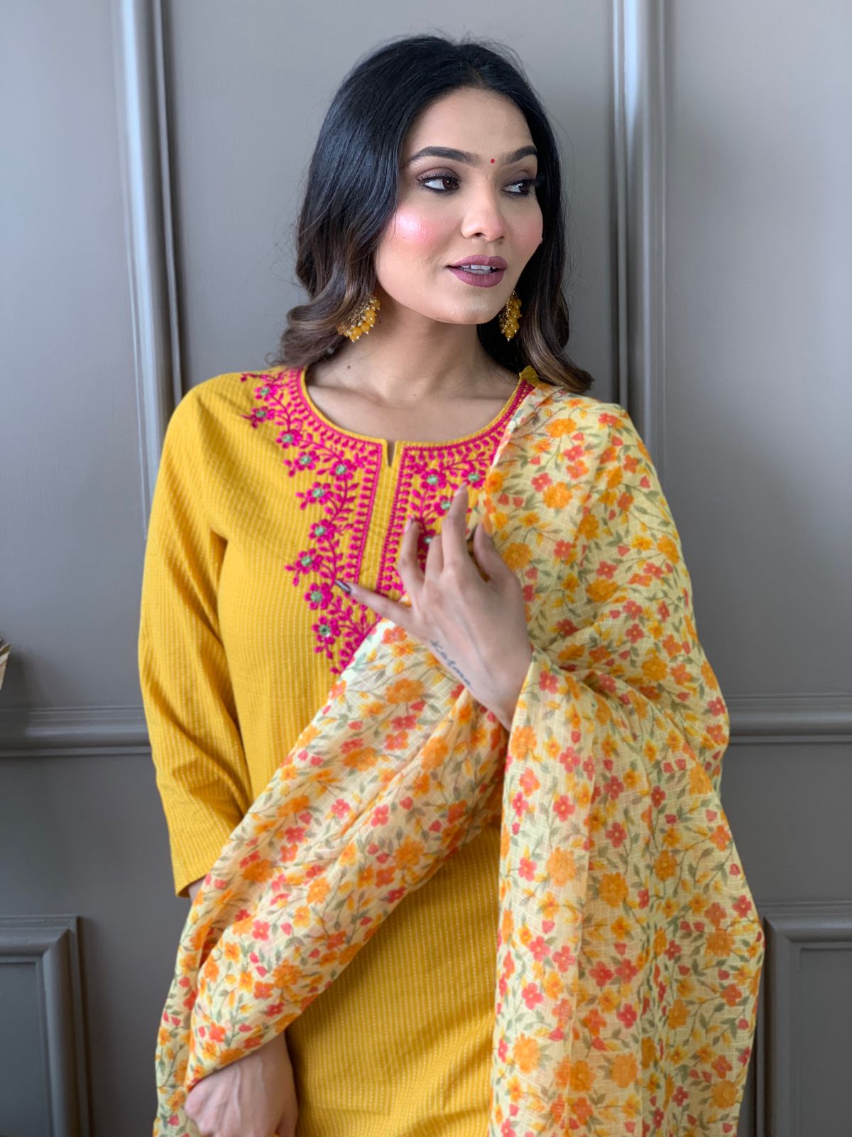 Kantha Suit Set with Cotton Kurta, Embroidery Work, and Flower Kota Silk Dupatta