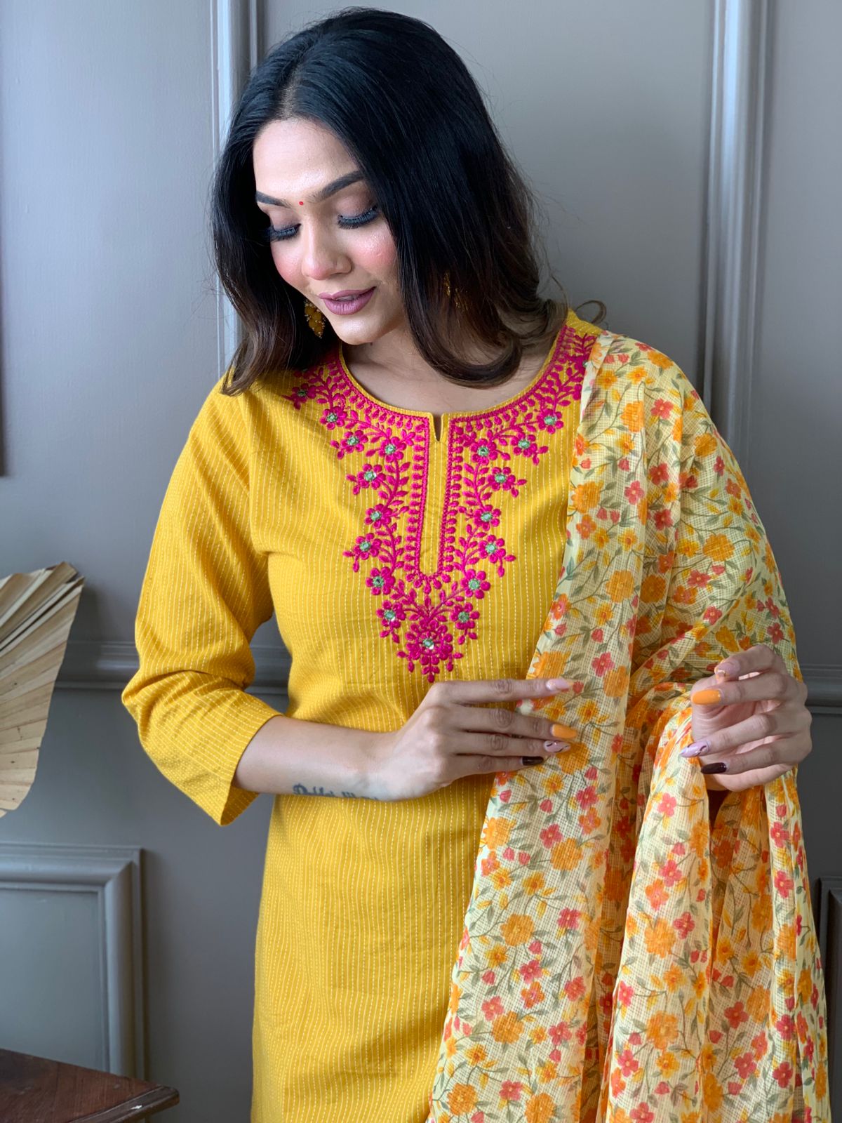 Kantha Suit Set with Cotton Kurta, Embroidery Work, and Flower Kota Silk Dupatta