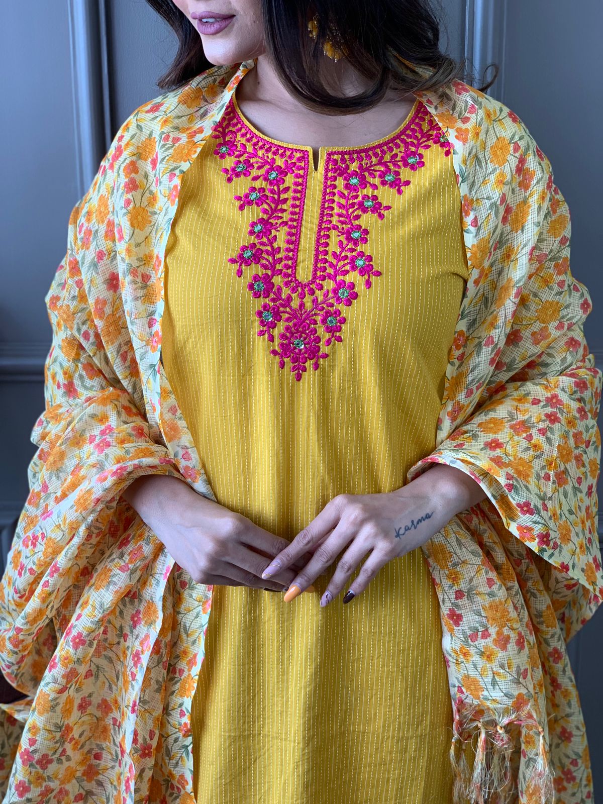 Kantha Suit Set with Cotton Kurta, Embroidery Work, and Flower Kota Silk Dupatta