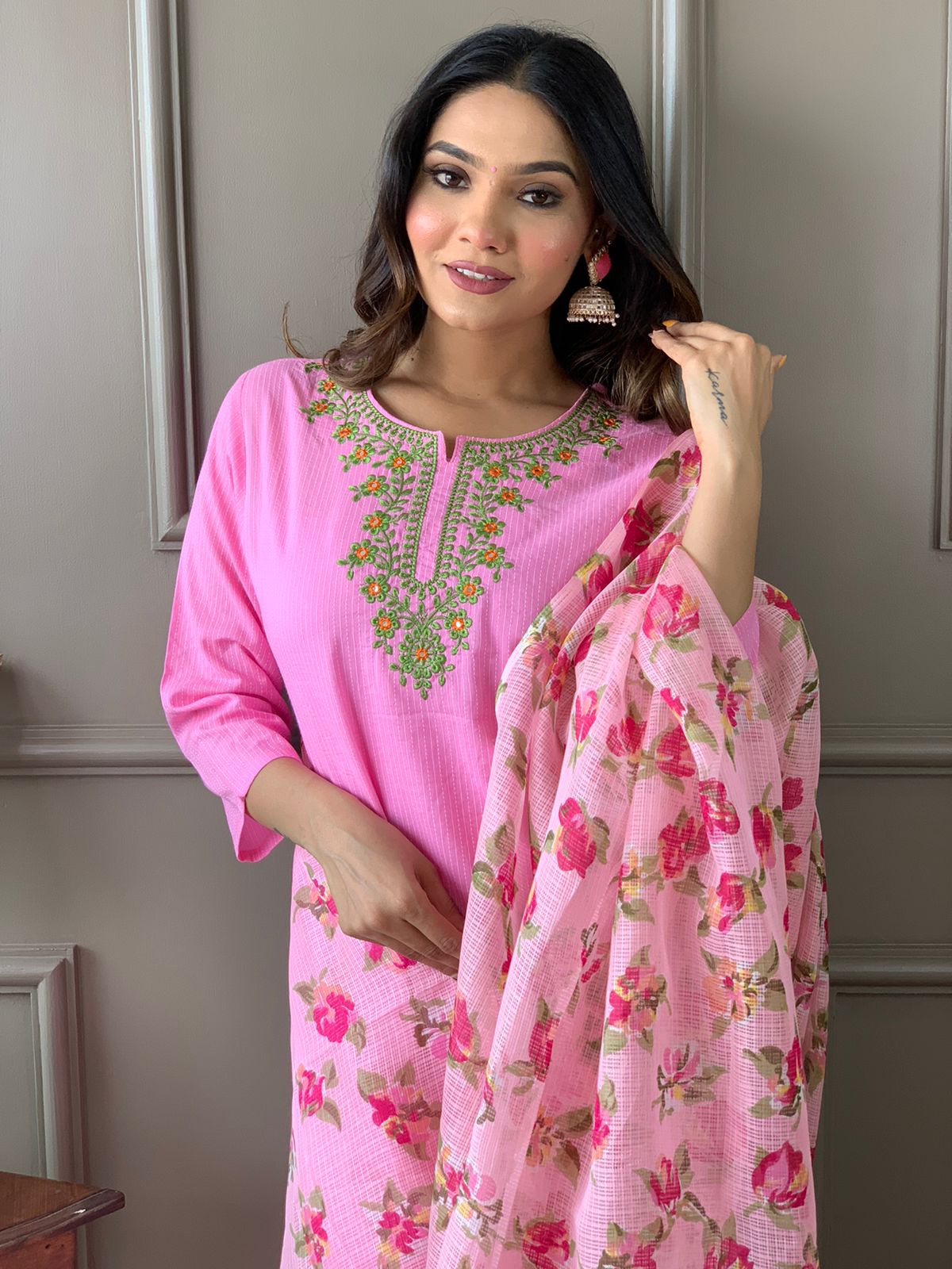 Kantha Suit Set with Cotton Kurta, Embroidery Work, and Flower Kota Silk Dupatta