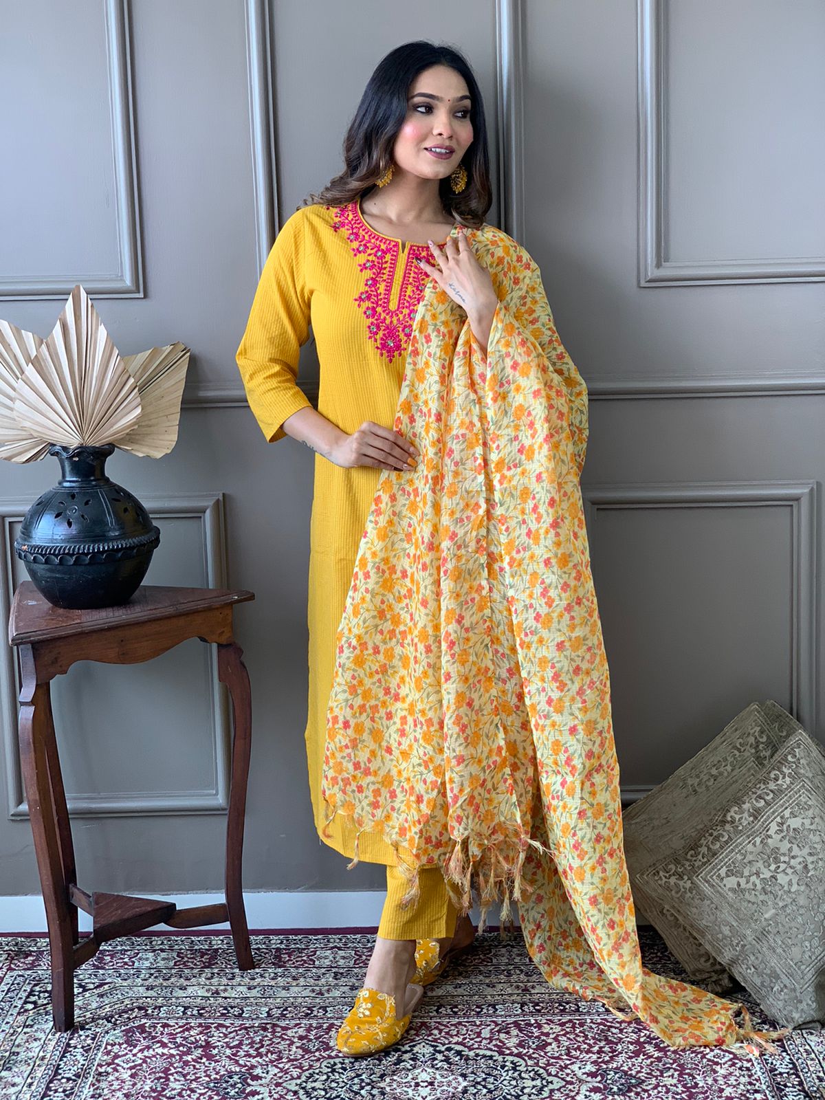 Kantha Suit Set with Cotton Kurta, Embroidery Work, and Flower Kota Silk Dupatta
