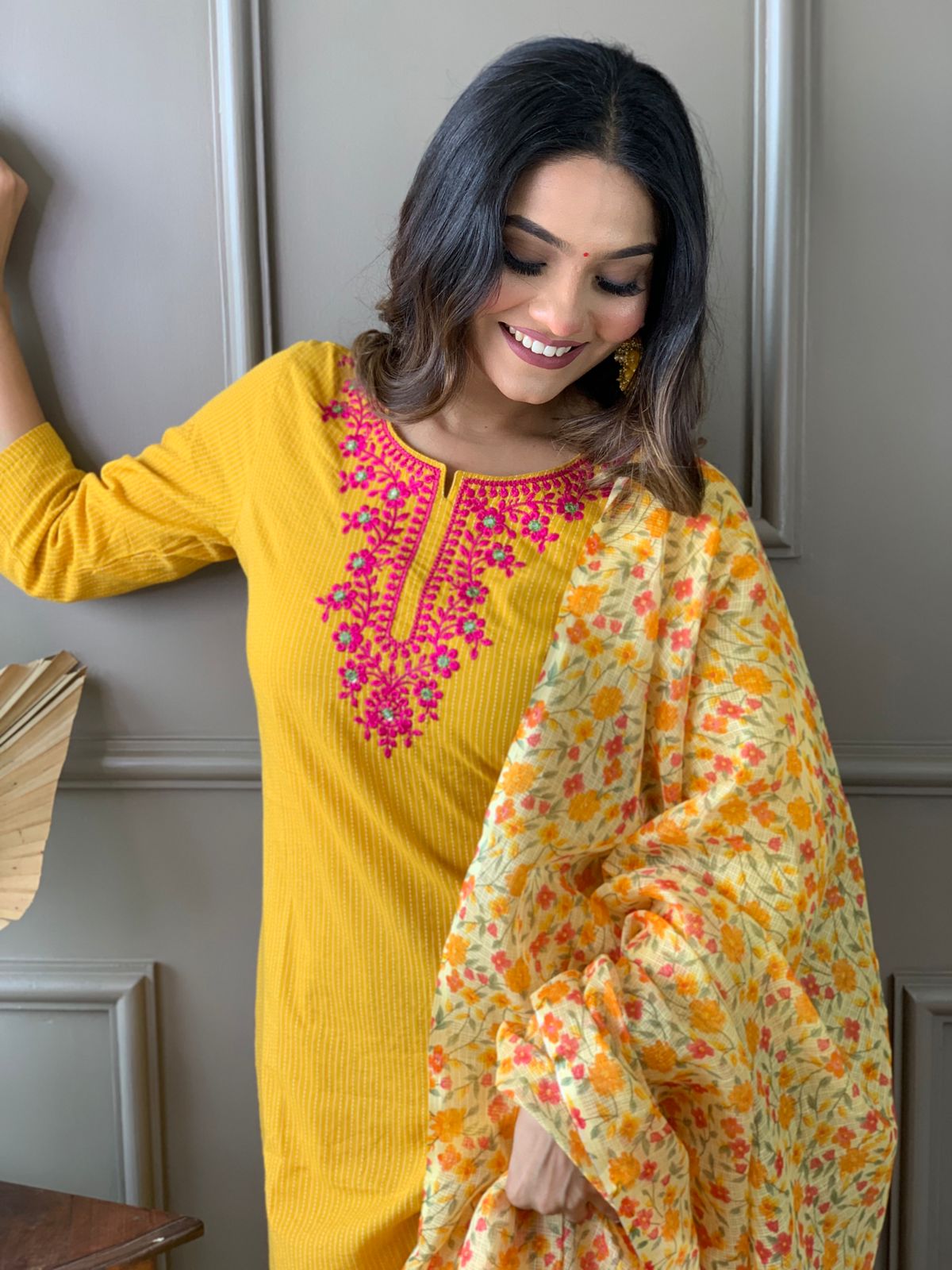 Kantha Suit Set with Cotton Kurta, Embroidery Work, and Flower Kota Silk Dupatta