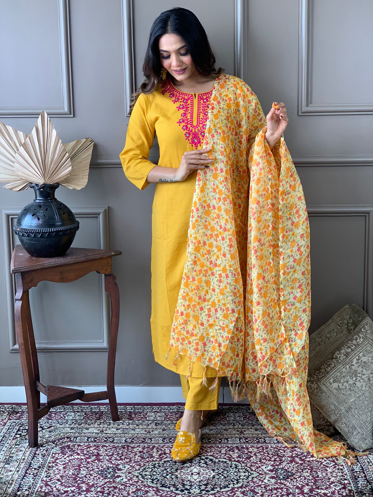 Kantha Suit Set with Cotton Kurta, Embroidery Work, and Flower Kota Silk Dupatta