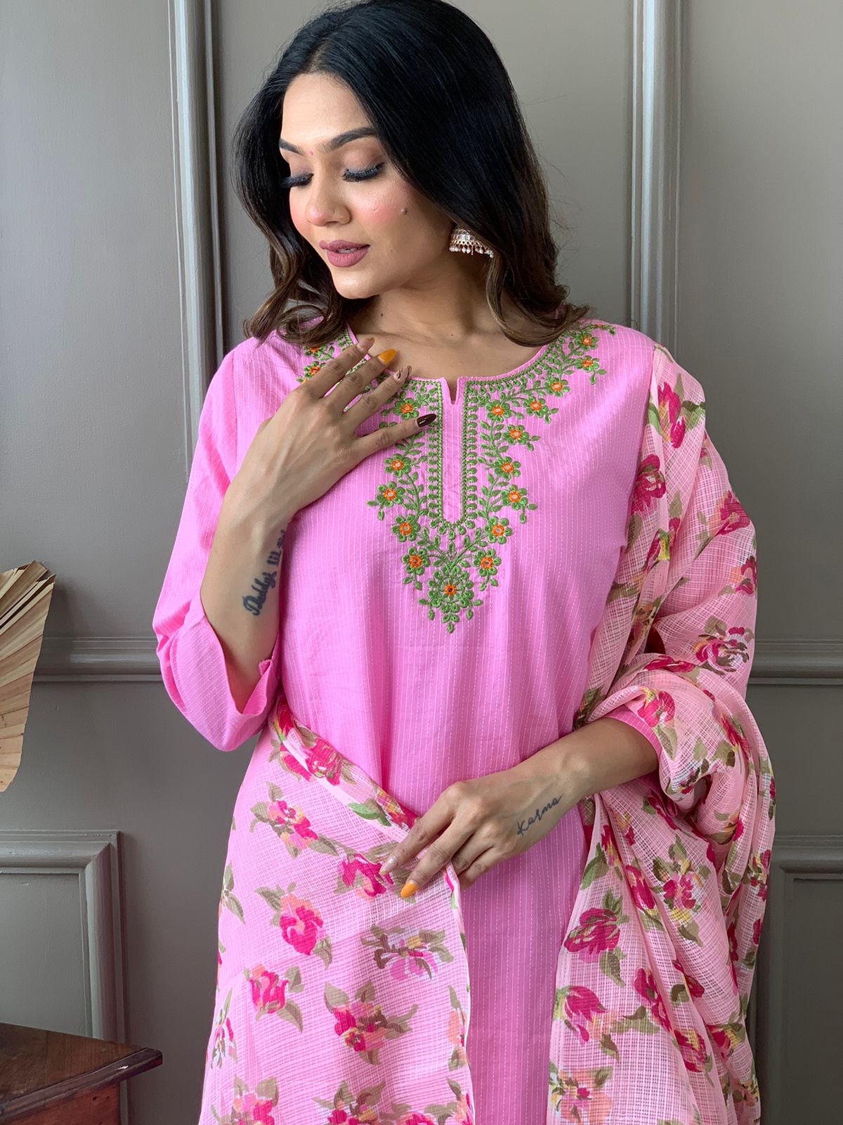 Kantha Suit Set with Cotton Kurta, Embroidery Work, and Flower Kota Silk Dupatta