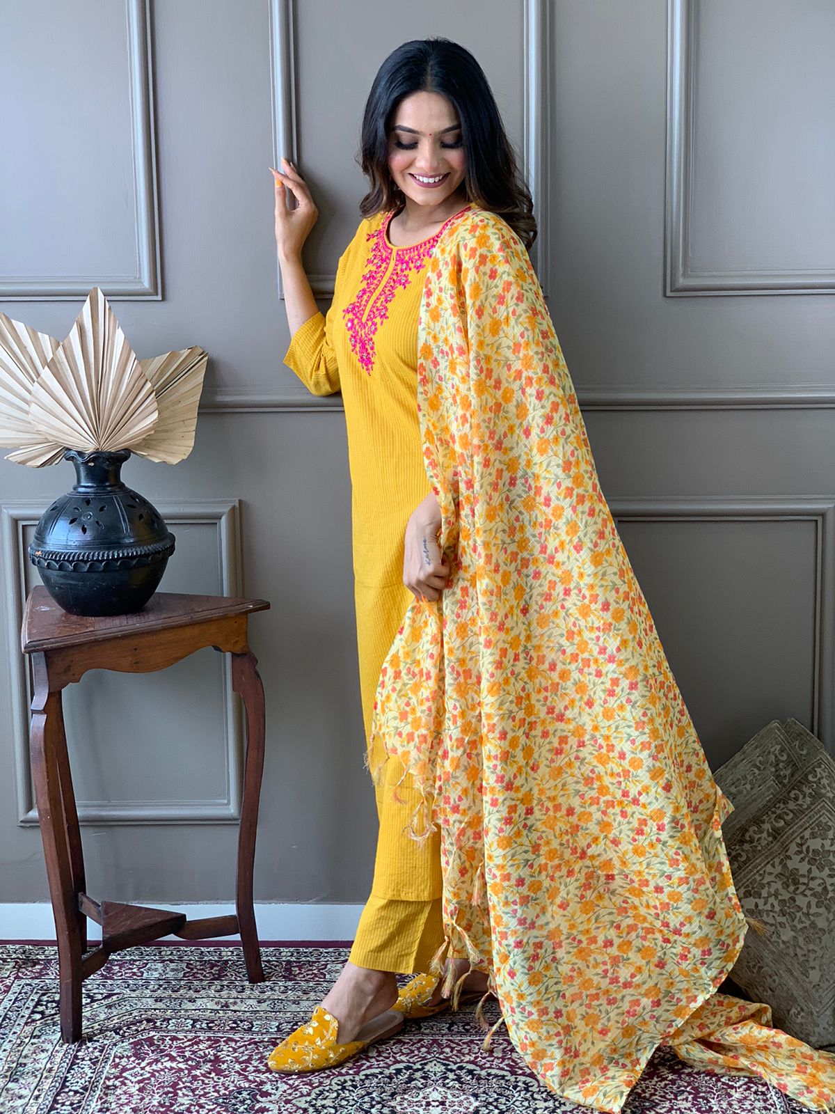 Kantha Suit Set with Cotton Kurta, Embroidery Work, and Flower Kota Silk Dupatta