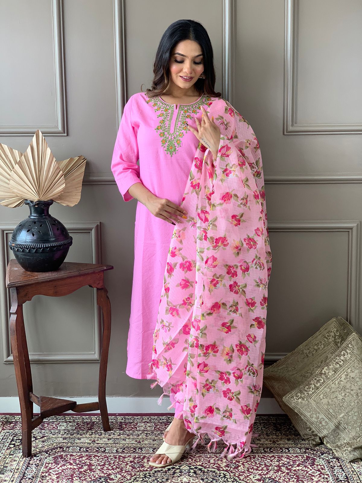 Kantha Suit Set with Cotton Kurta, Embroidery Work, and Flower Kota Silk Dupatta