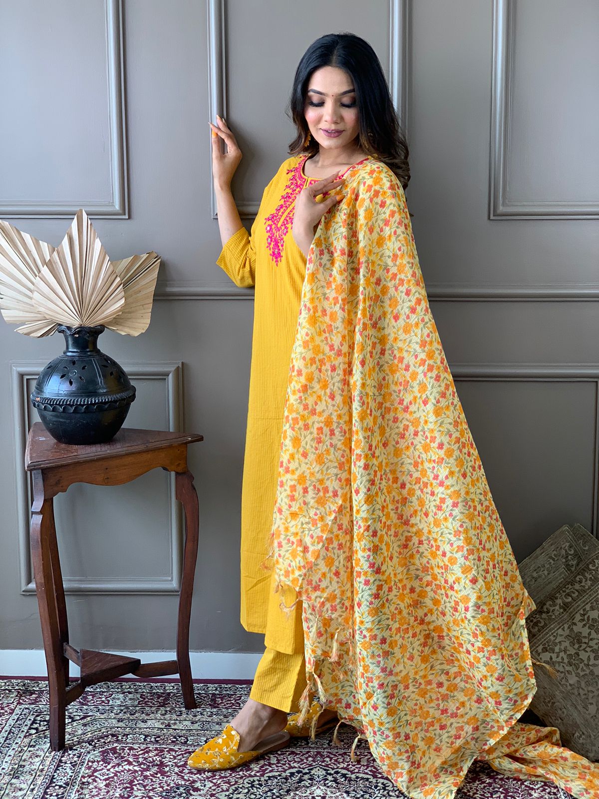 Kantha Suit Set with Cotton Kurta, Embroidery Work, and Flower Kota Silk Dupatta