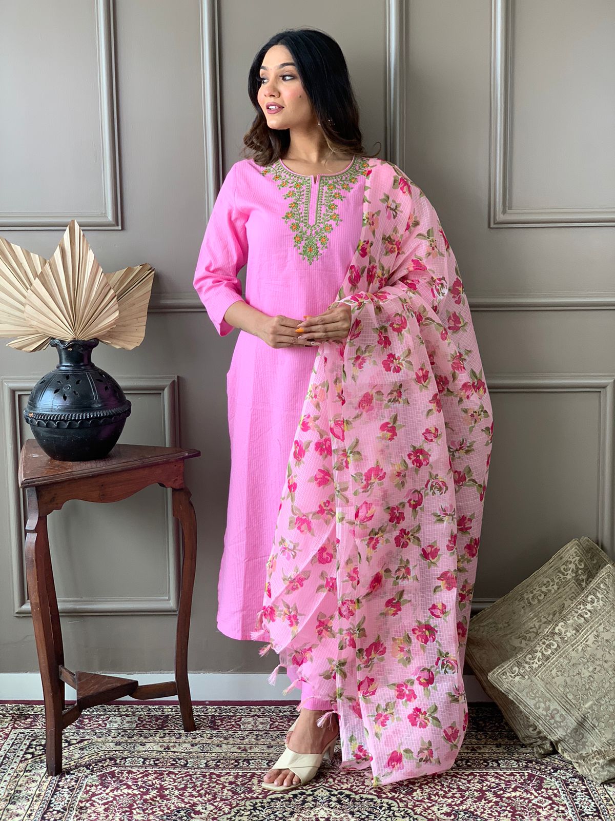 Kantha Suit Set with Cotton Kurta, Embroidery Work, and Flower Kota Silk Dupatta