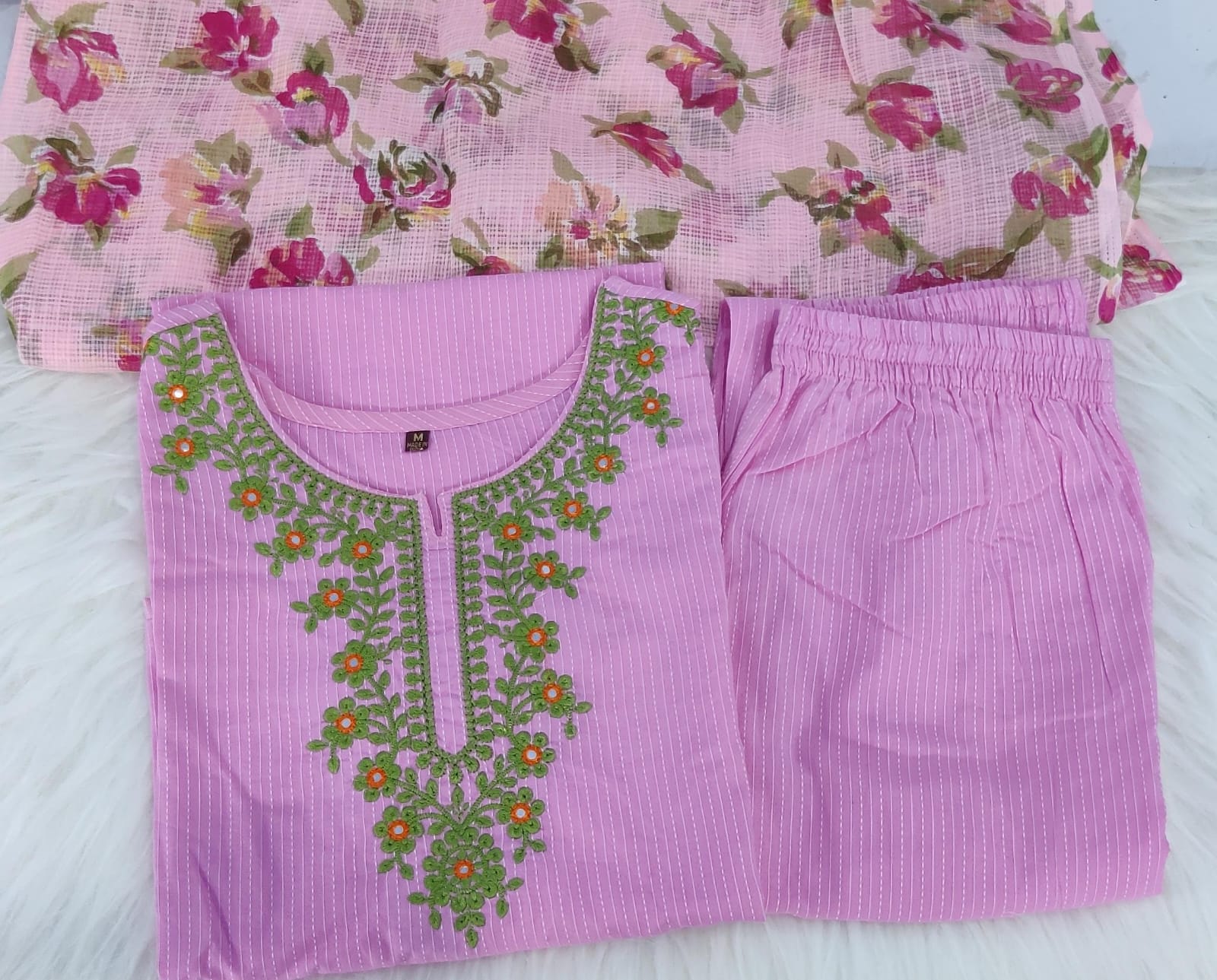 Kantha Suit Set with Cotton Kurta, Embroidery Work, and Flower Kota Silk Dupatta