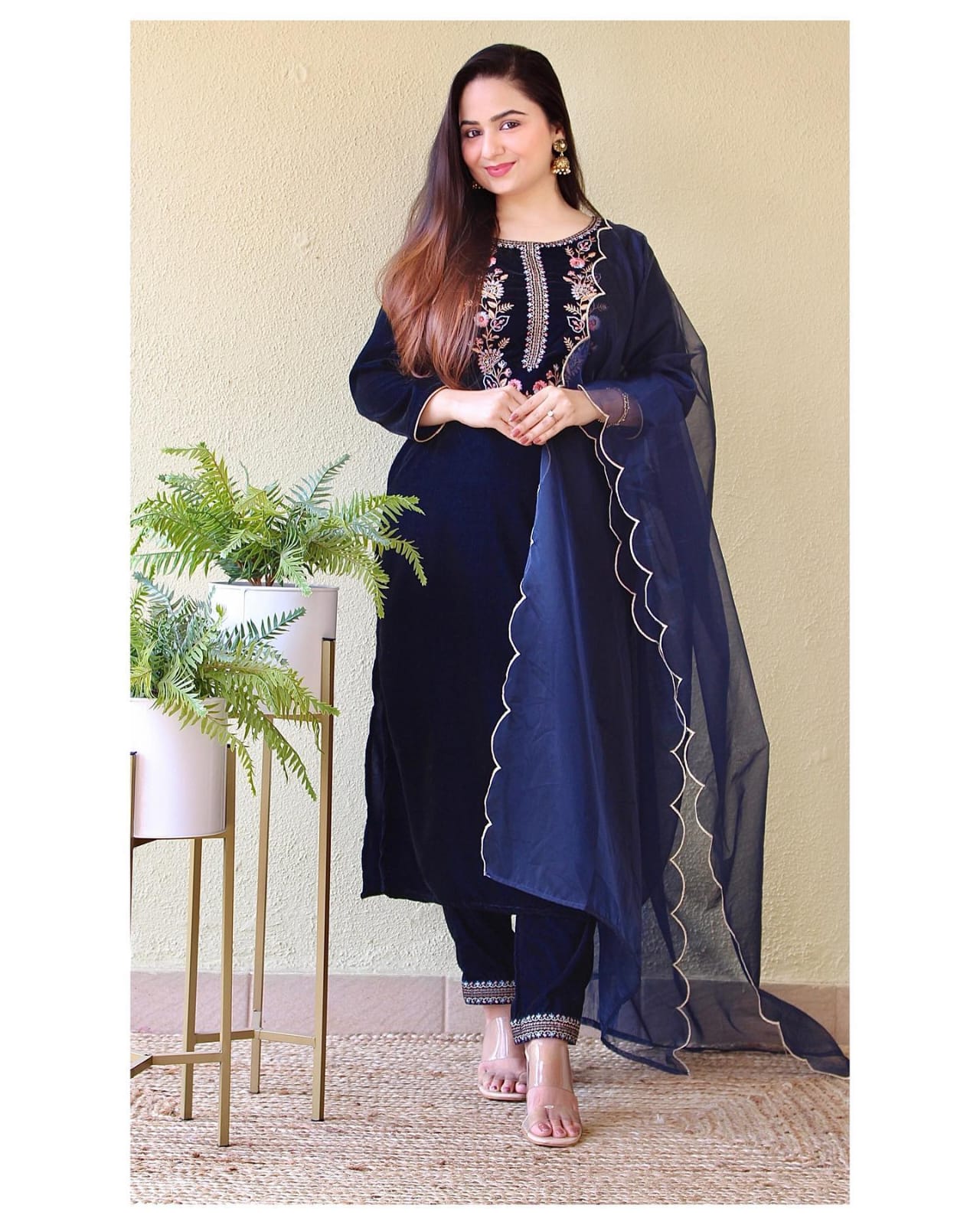 Velvet Suit Set with Thread Embroidery and Organza Dupatta