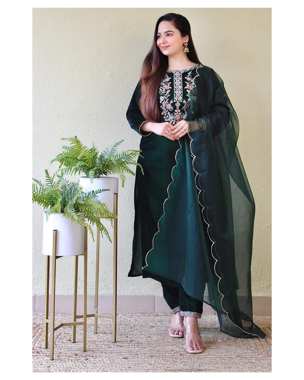 Velvet Suit Set with Thread Embroidery and Organza Dupatta