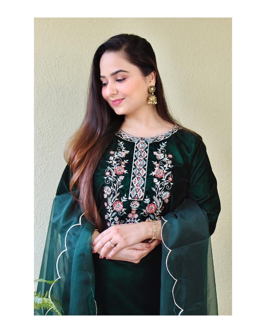 Velvet Suit Set with Thread Embroidery and Organza Dupatta