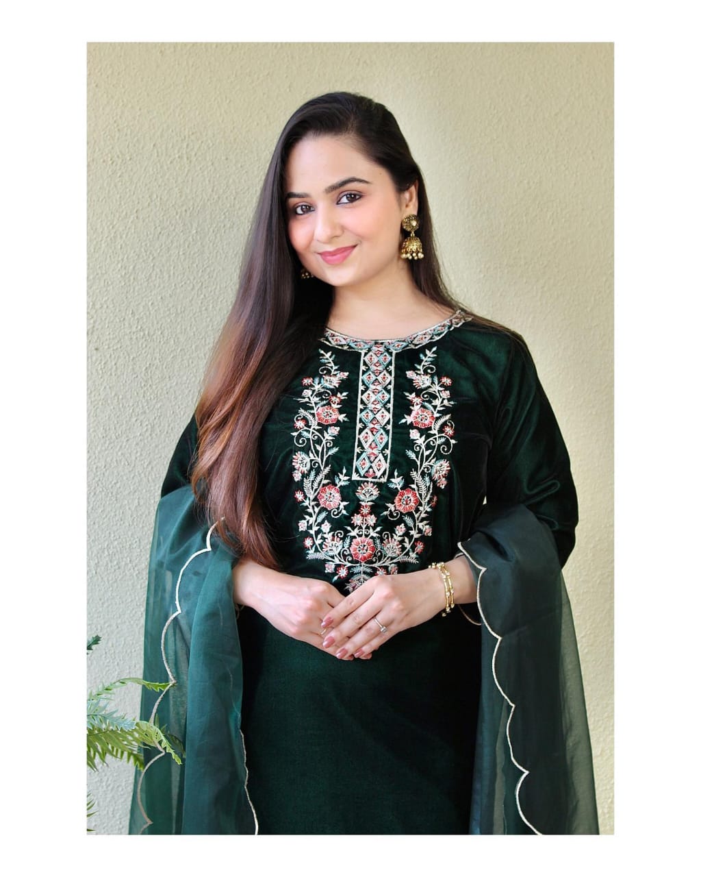 Velvet Suit Set with Thread Embroidery and Organza Dupatta