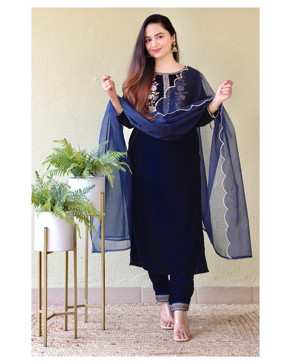 Velvet Suit Set with Thread Embroidery and Organza Dupatta
