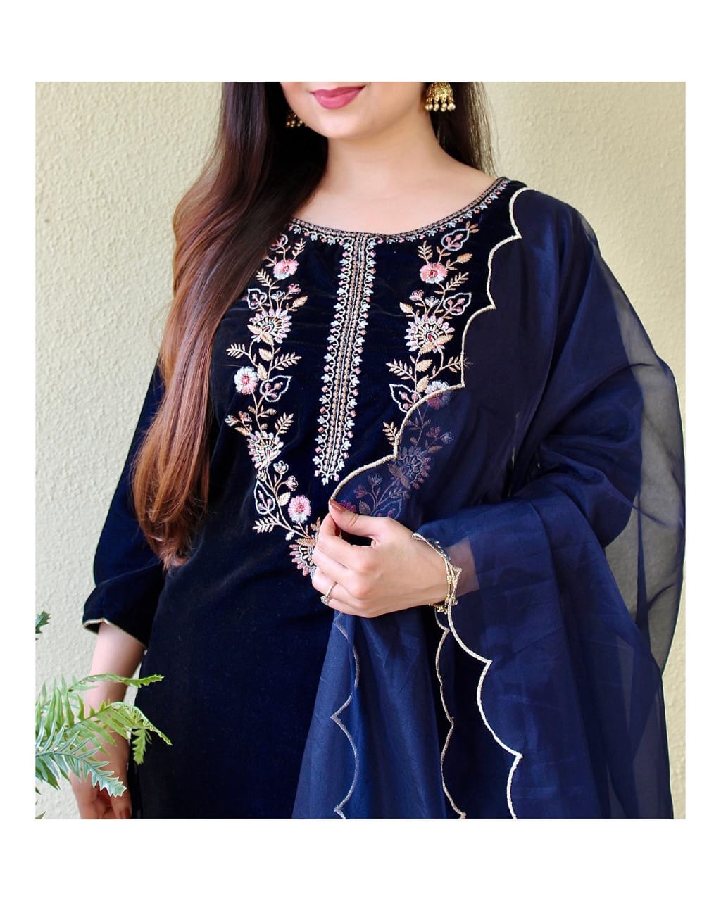 Velvet Suit Set with Thread Embroidery and Organza Dupatta